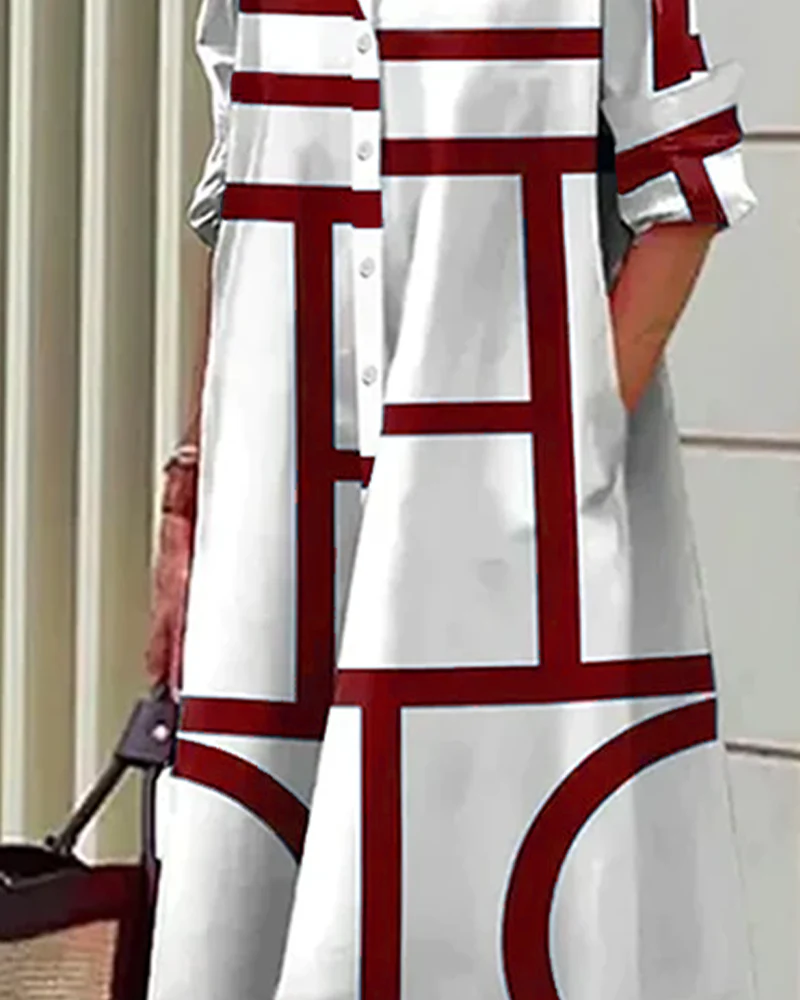 Robe chemise femme ample à imprimé géométrique avec poches, style décontracté chic - Image 11