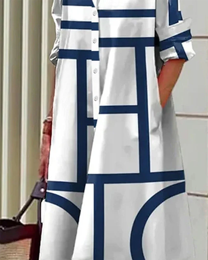 Robe chemise femme ample à imprimé géométrique avec poches, style décontracté chic - Image 2