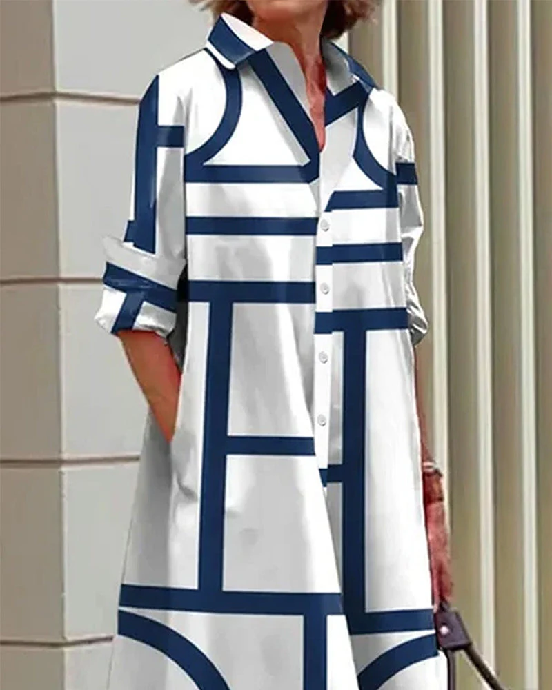 Robe chemise femme ample à imprimé géométrique avec poches, style décontracté chic - Image 3