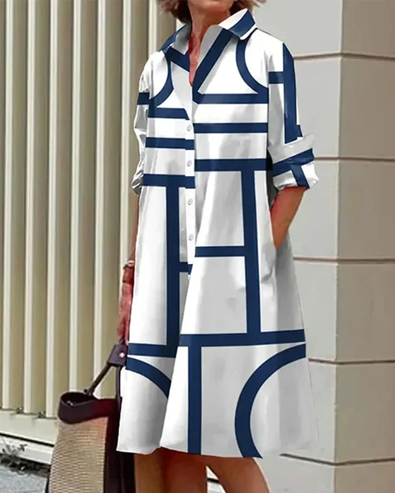 Robe chemise femme ample à imprimé géométrique avec poches, style décontracté chic - Image 4