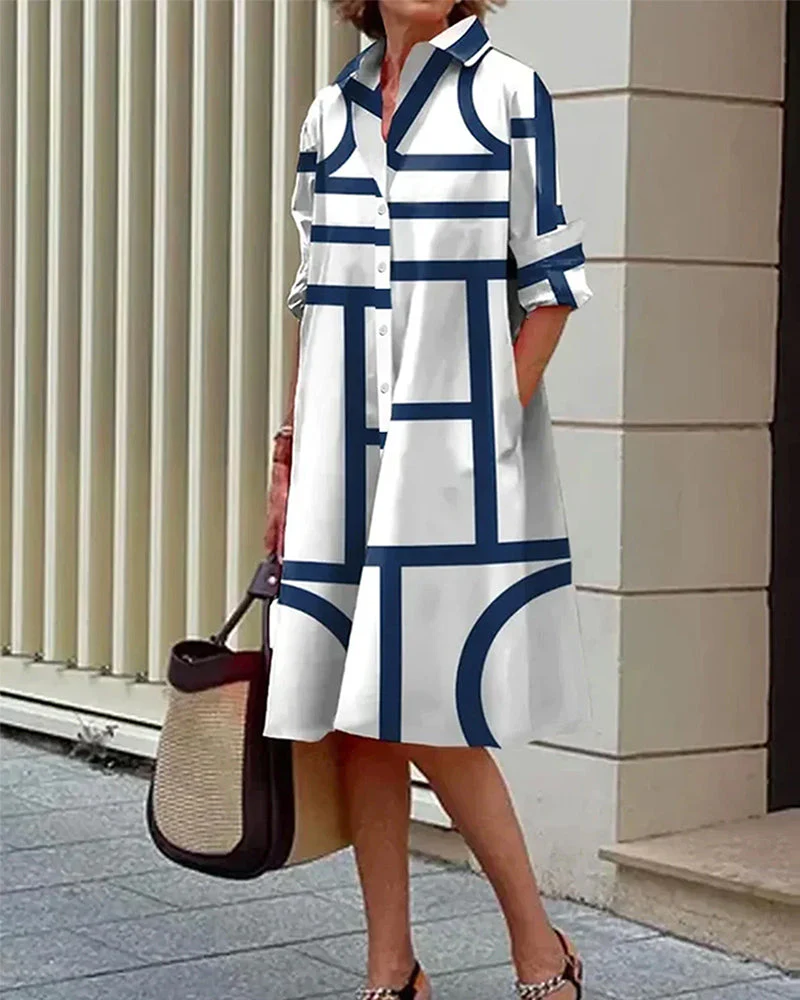 Robe chemise femme ample à imprimé géométrique avec poches, style décontracté chic - Image 5