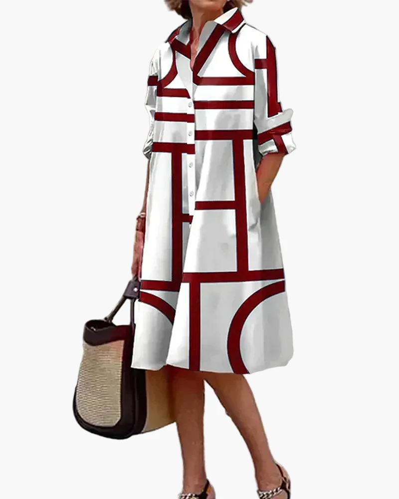 Robe chemise femme ample à imprimé géométrique avec poches, style décontracté chic - Image 6