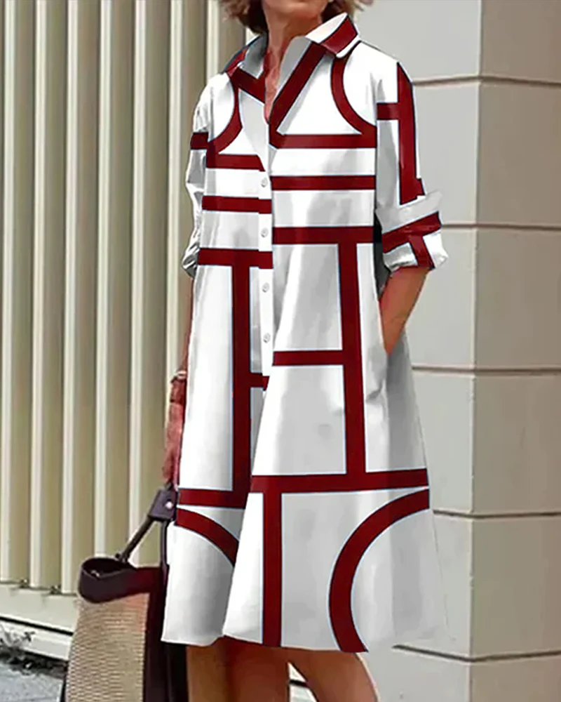 Robe chemise femme ample à imprimé géométrique avec poches, style décontracté chic - Image 7