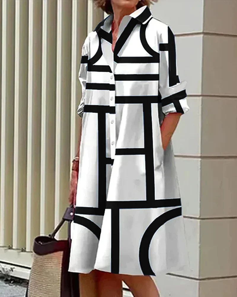 Robe chemise femme ample à imprimé géométrique avec poches, style décontracté chic - Image 8