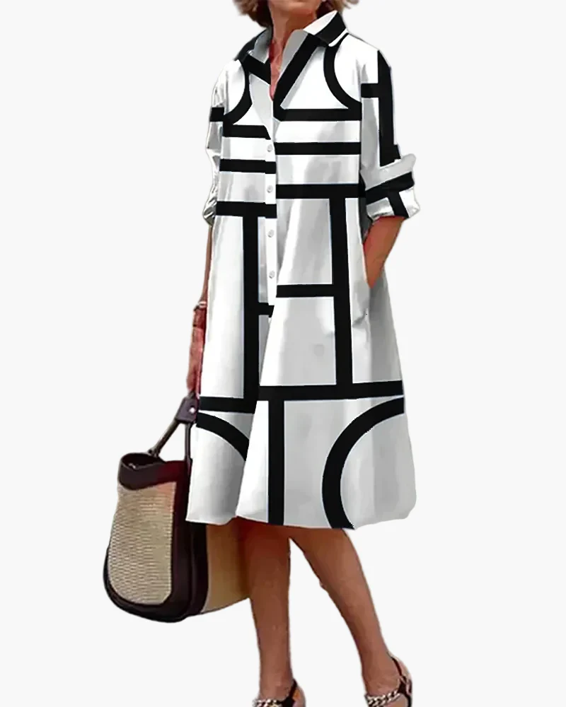 Robe chemise femme ample à imprimé géométrique avec poches, style décontracté chic - Image 9