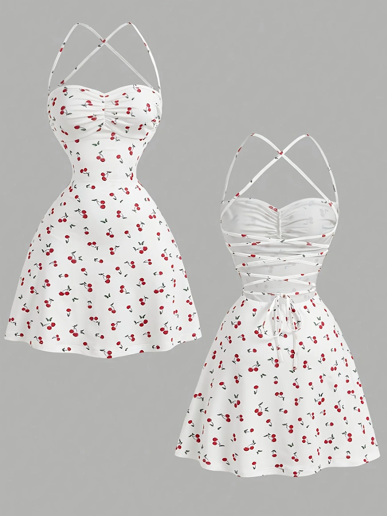 Robe courte à bretelles style vintage femme – Élégance estivale et imprimé cerises - Image 5