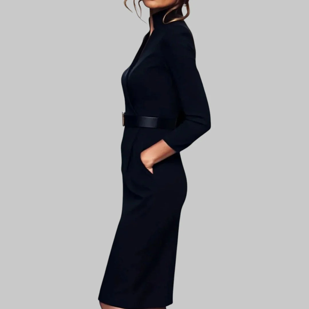 Robe Crayon Femme Élégante à Ceinture pour Affaires et Soirées – Style Midi avec Col Structuré - Image 2