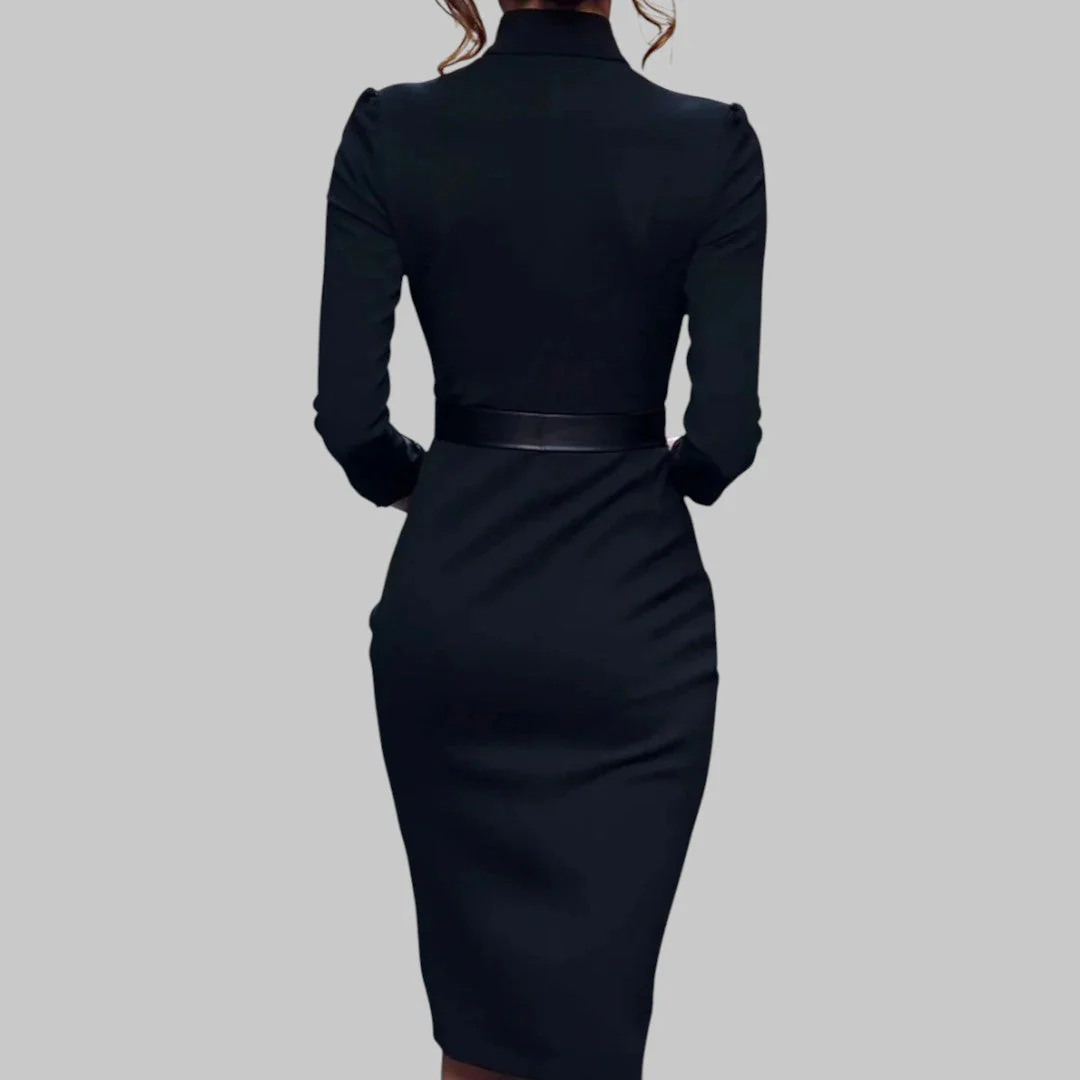 Robe Crayon Femme Élégante à Ceinture pour Affaires et Soirées – Style Midi avec Col Structuré - Image 3