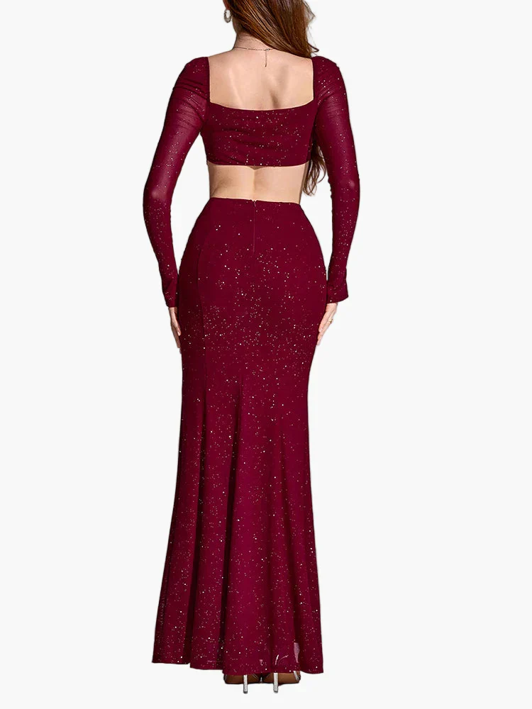Robe de soirée élégante fendue à manches longues pour femme, style gala et événement - Image 2