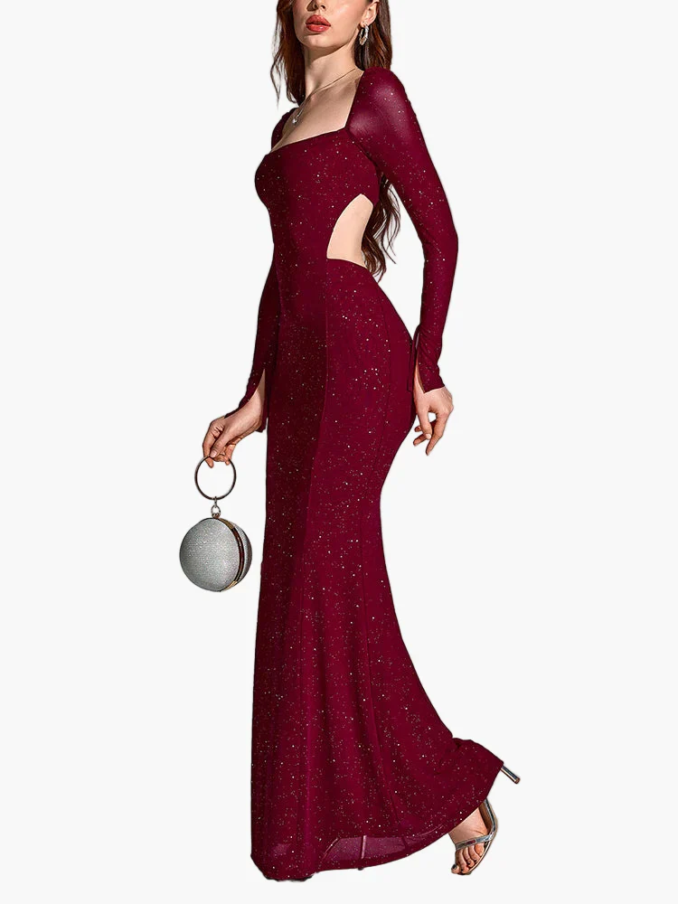 Robe de soirée élégante fendue à manches longues pour femme, style gala et événement - Image 3