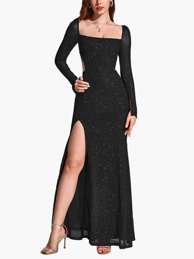 Robe de soirée élégante fendue à manches longues pour femme, style gala et événement - Image 4