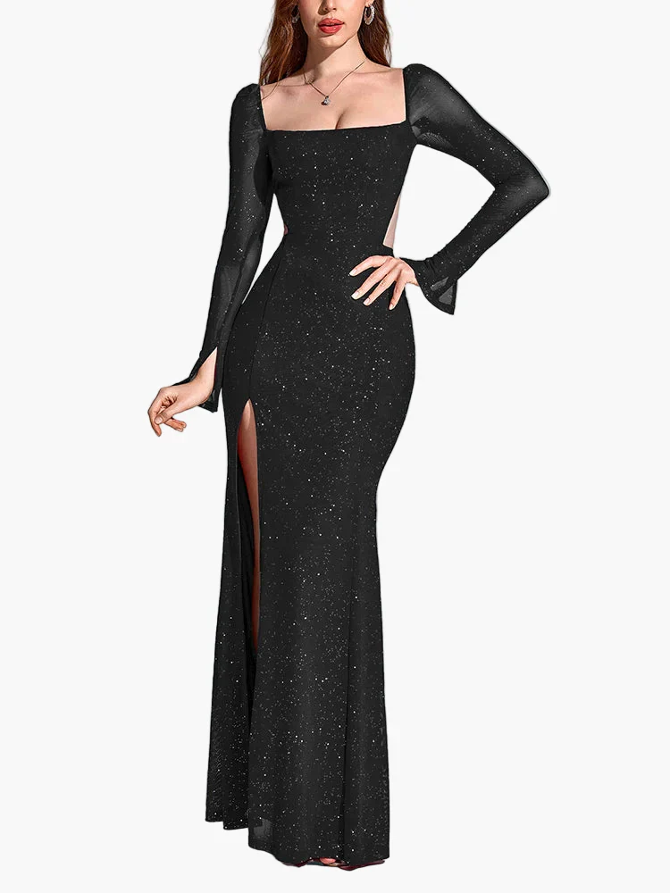 Robe de soirée élégante fendue à manches longues pour femme, style gala et événement - Image 5