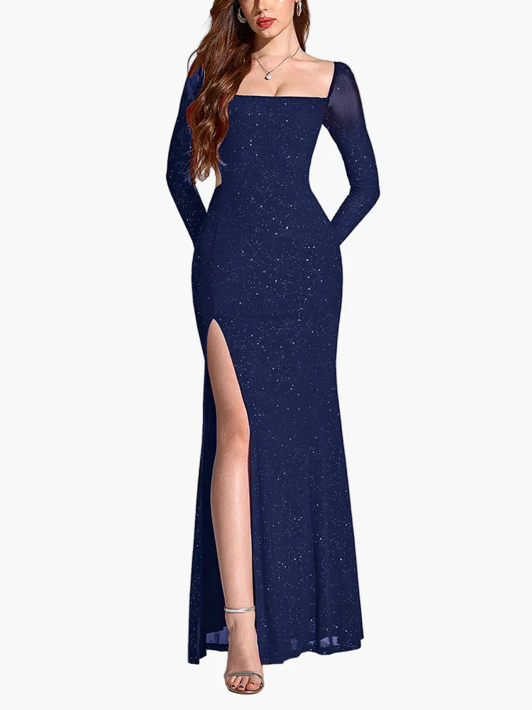 Robe de soirée élégante fendue à manches longues pour femme, style gala et événement - Image 6