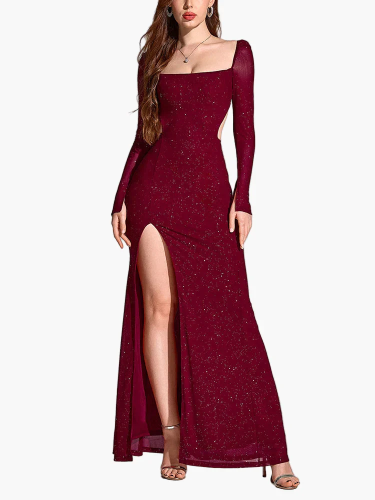 Robe de soirée élégante fendue à manches longues pour femme, style gala et événement - Image 7