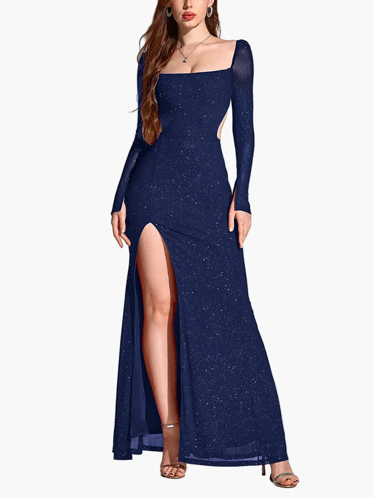 Robe de soirée élégante fendue à manches longues pour femme, style gala et événement - Image 8