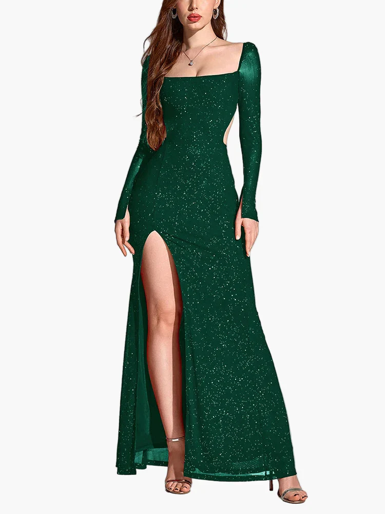 Robe de soirée élégante fendue à manches longues pour femme, style gala et événement - Image 9