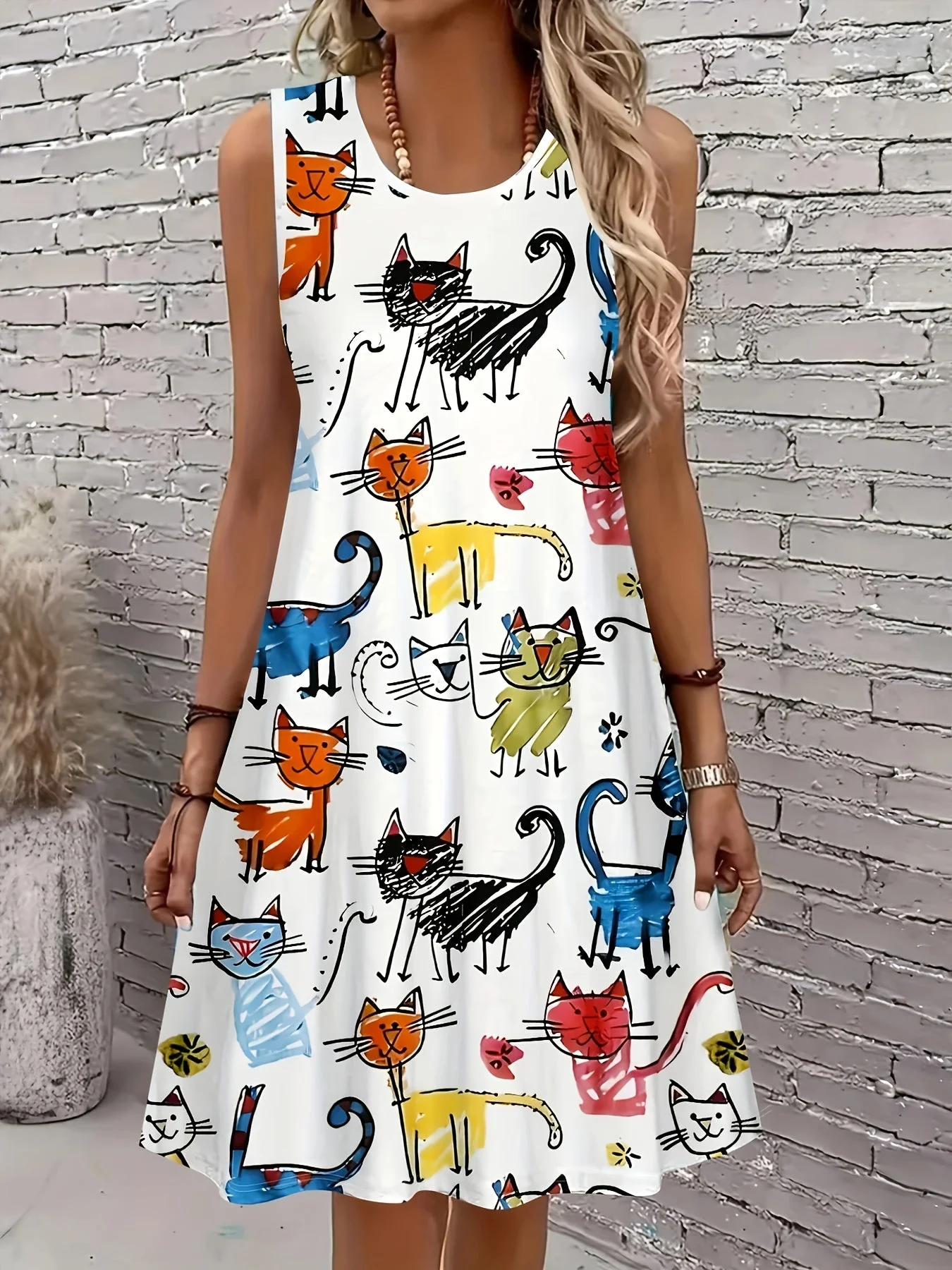 Robe décontractée femme imprimée chats style artistique pour été et printemps - Image 2