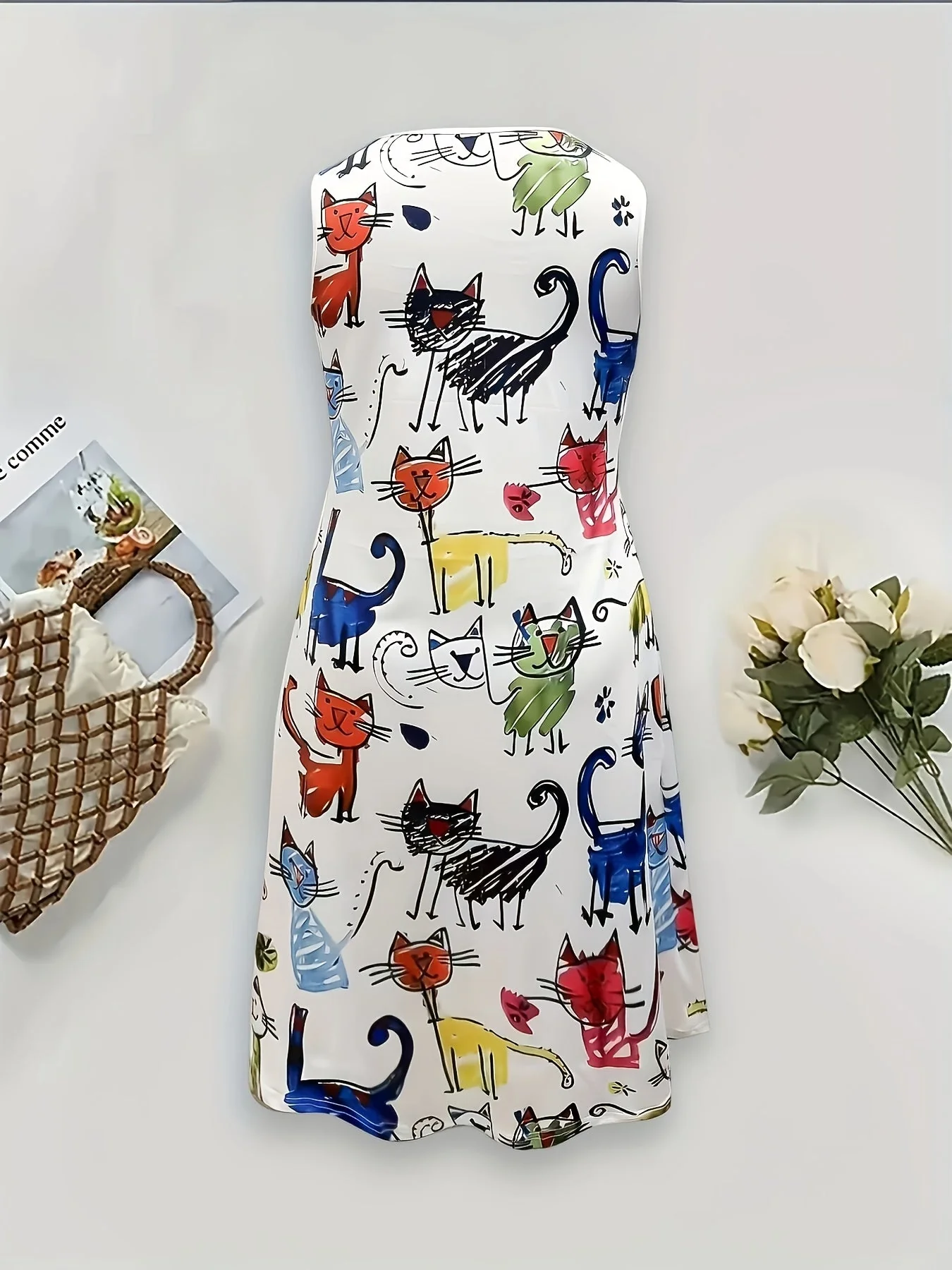 Robe décontractée femme imprimée chats style artistique pour été et printemps - Image 3