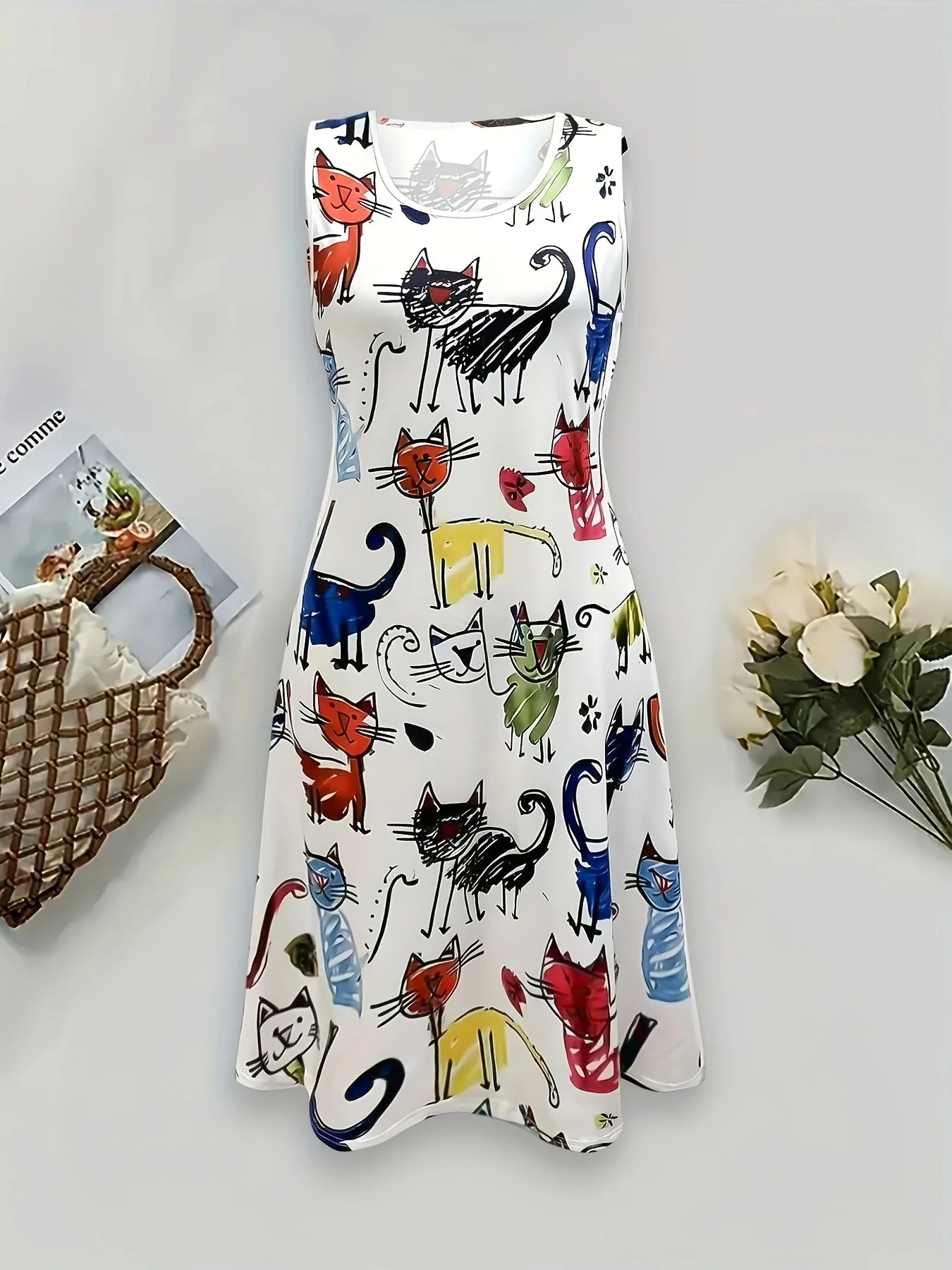 Robe décontractée femme imprimée chats style artistique pour été et printemps - Image 4