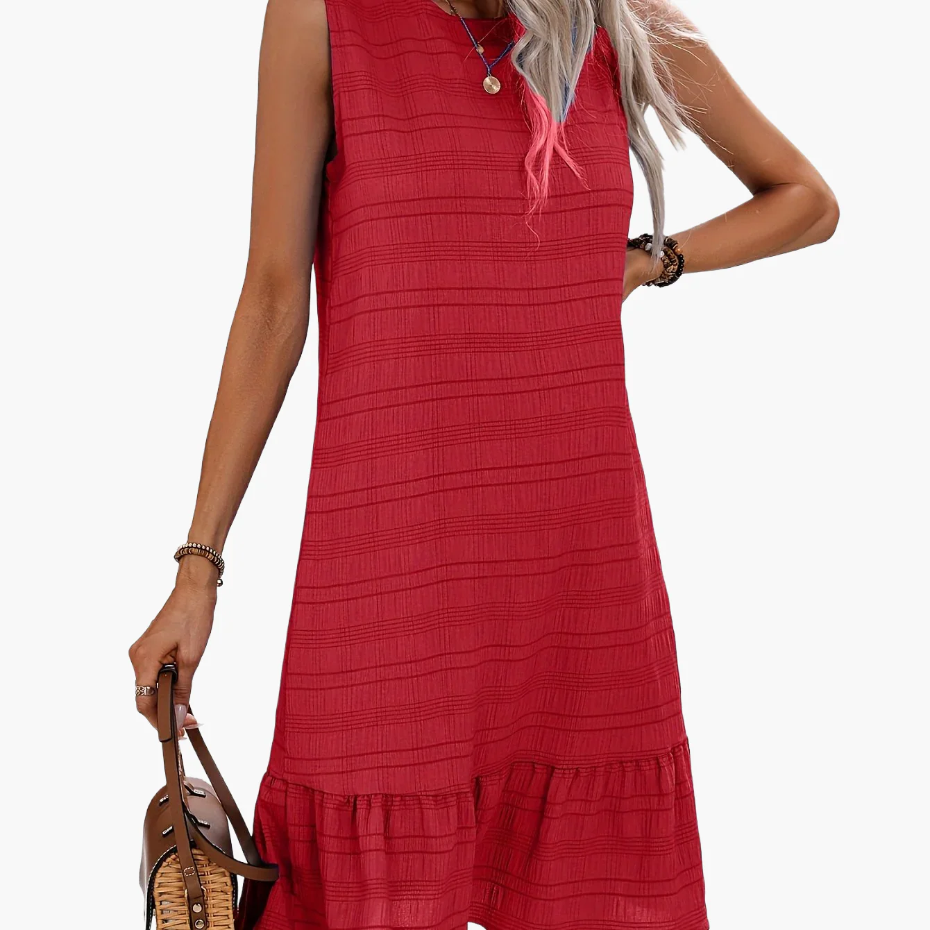 Robe décontractée femme style vacances avec volant, sans manches, col rond - Image 13