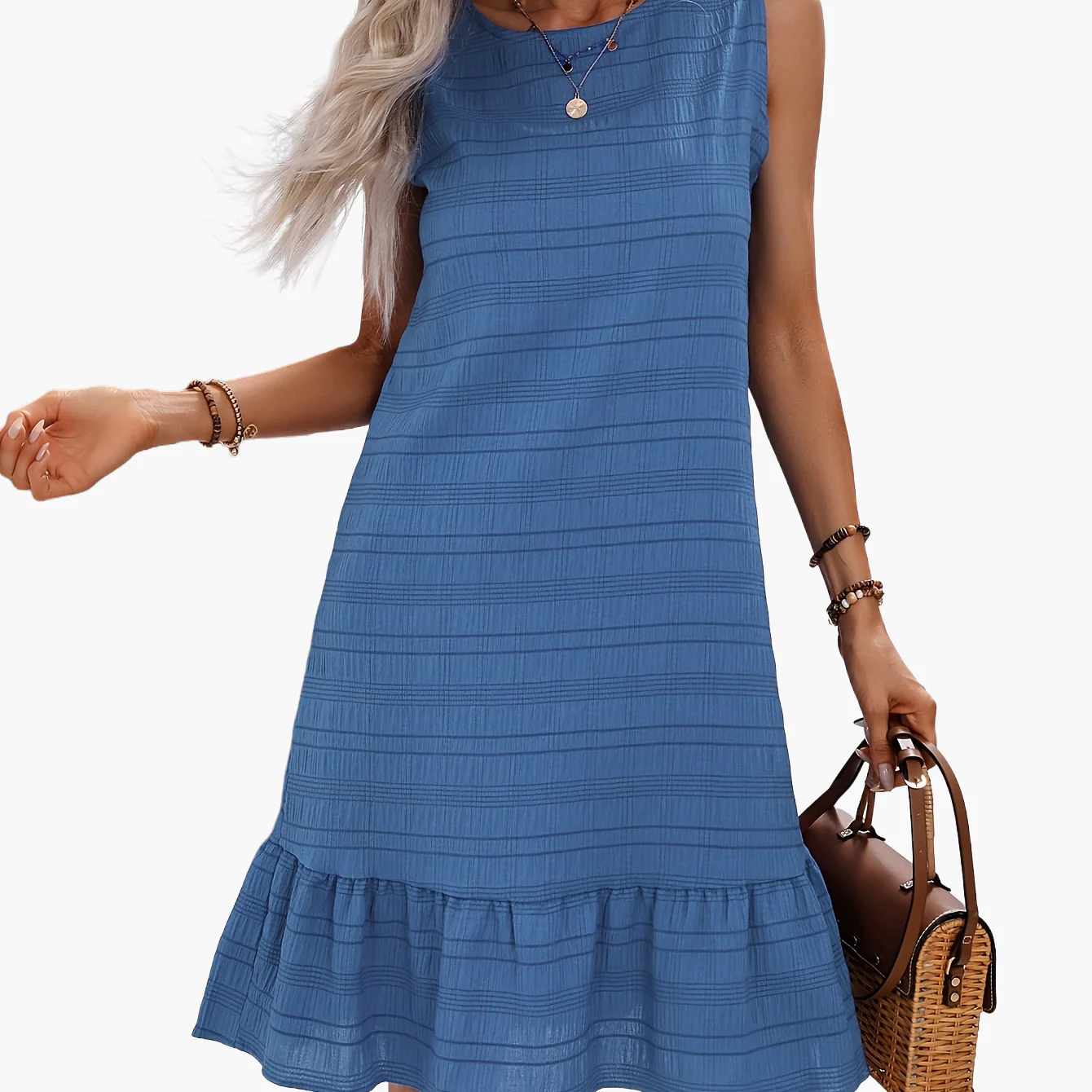 Robe décontractée femme style vacances avec volant, sans manches, col rond - Image 15