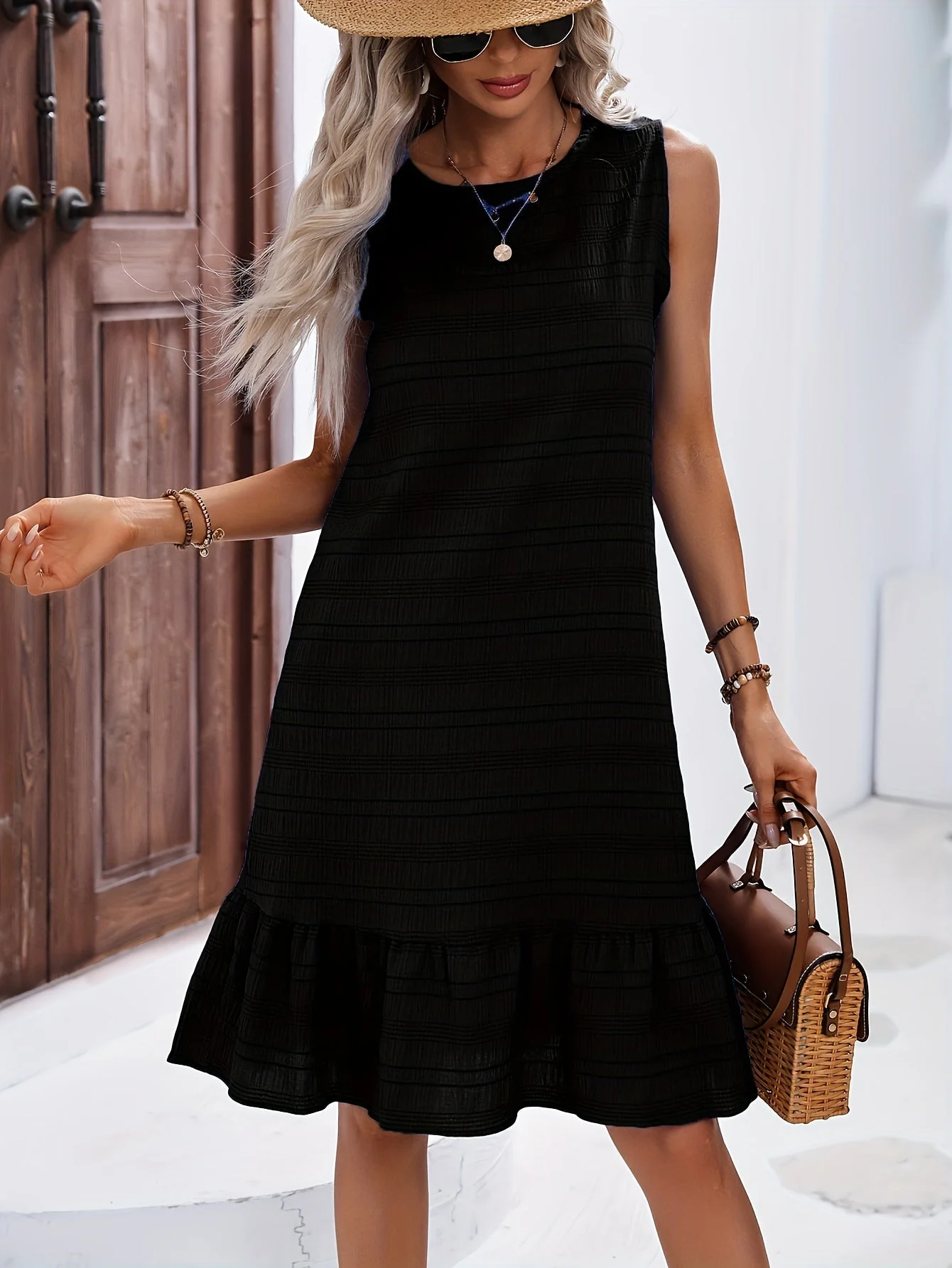 Robe décontractée femme style vacances avec volant, sans manches, col rond - Image 6