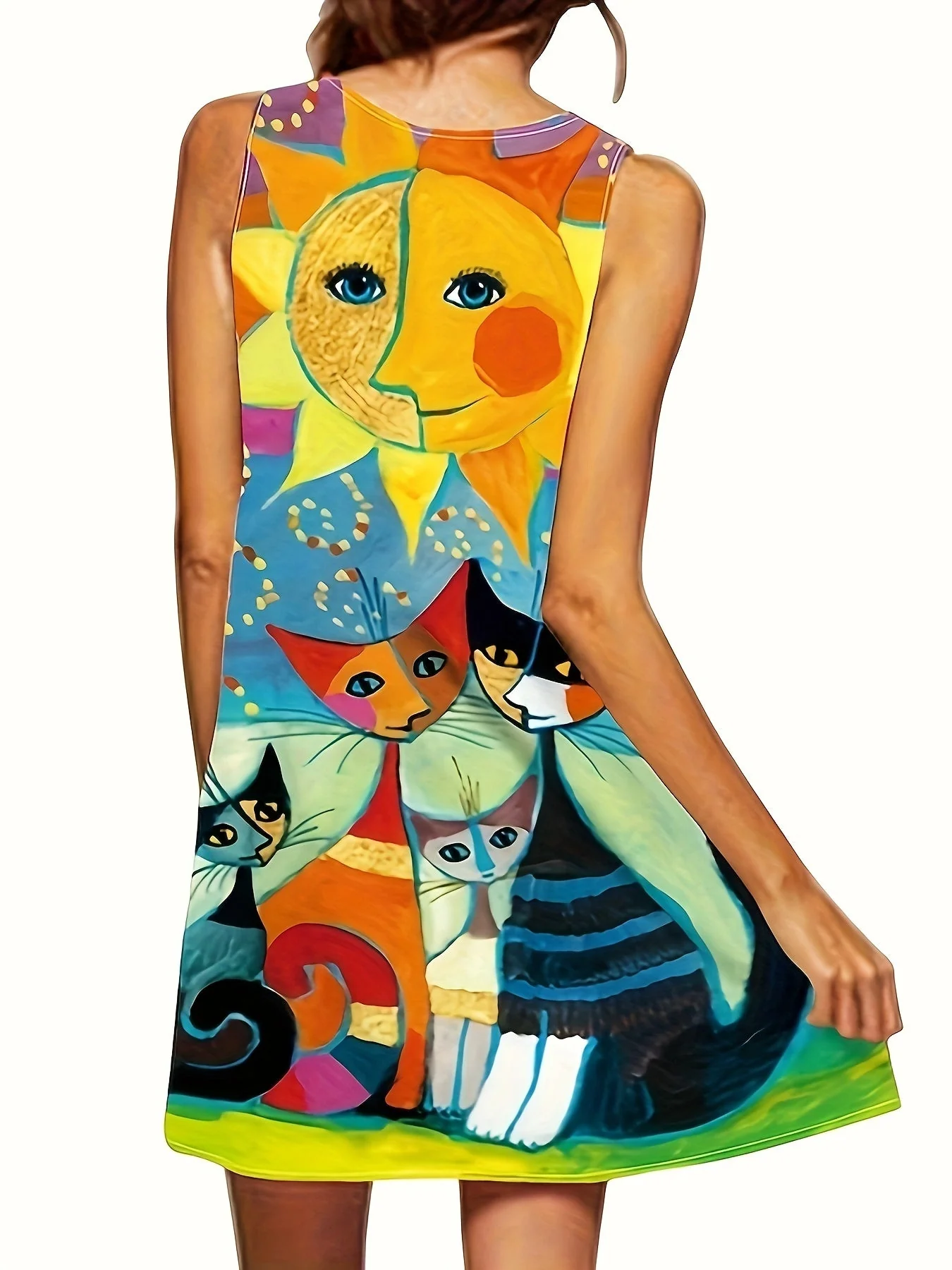 Robe décontractée femme style vintage motif artistique chats et soleil – idéale pour l'été et le printemps - Image 2