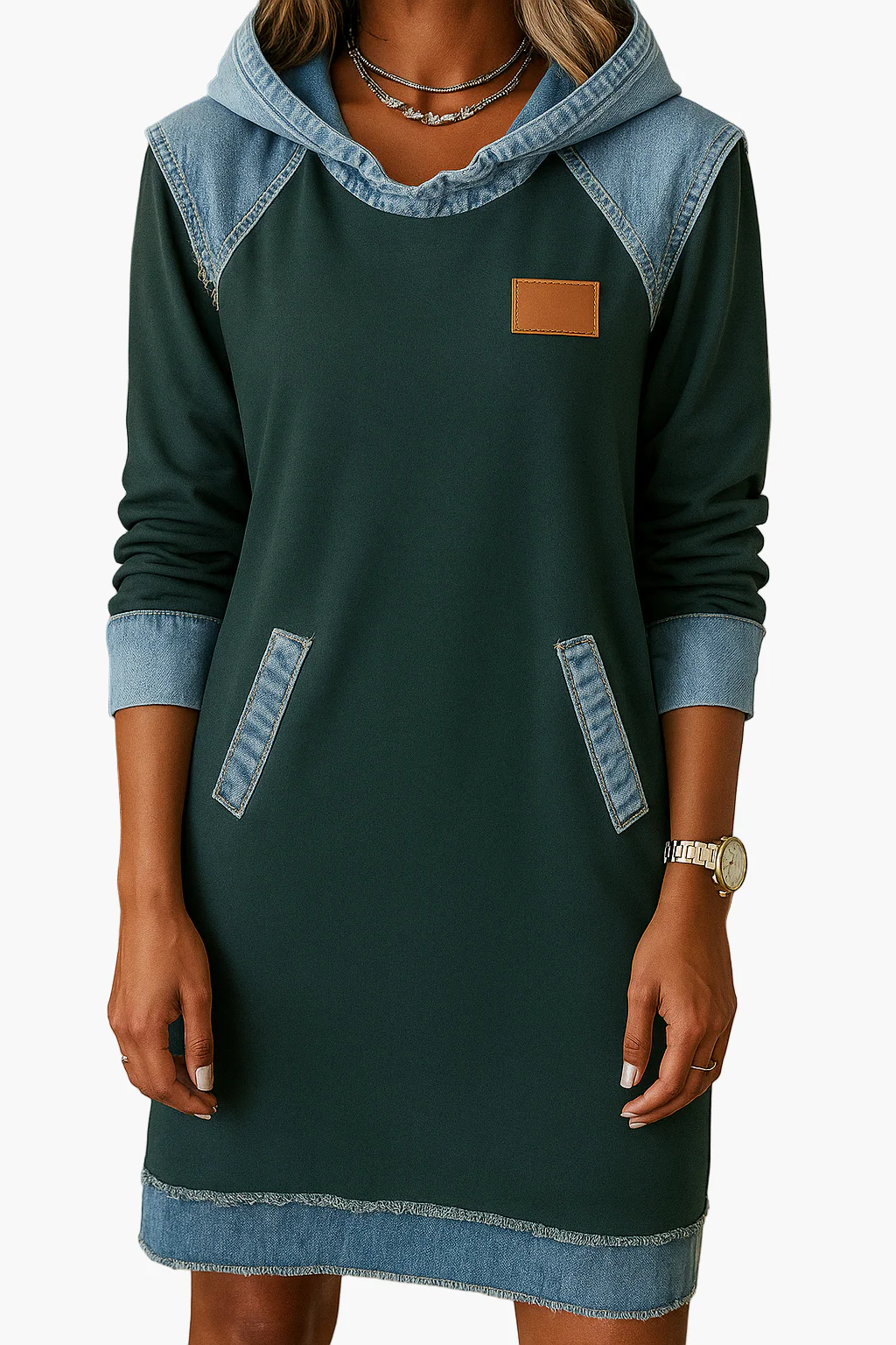 Robe décontractée style sweat à capuche avec détails en denim pour femme - Image 2