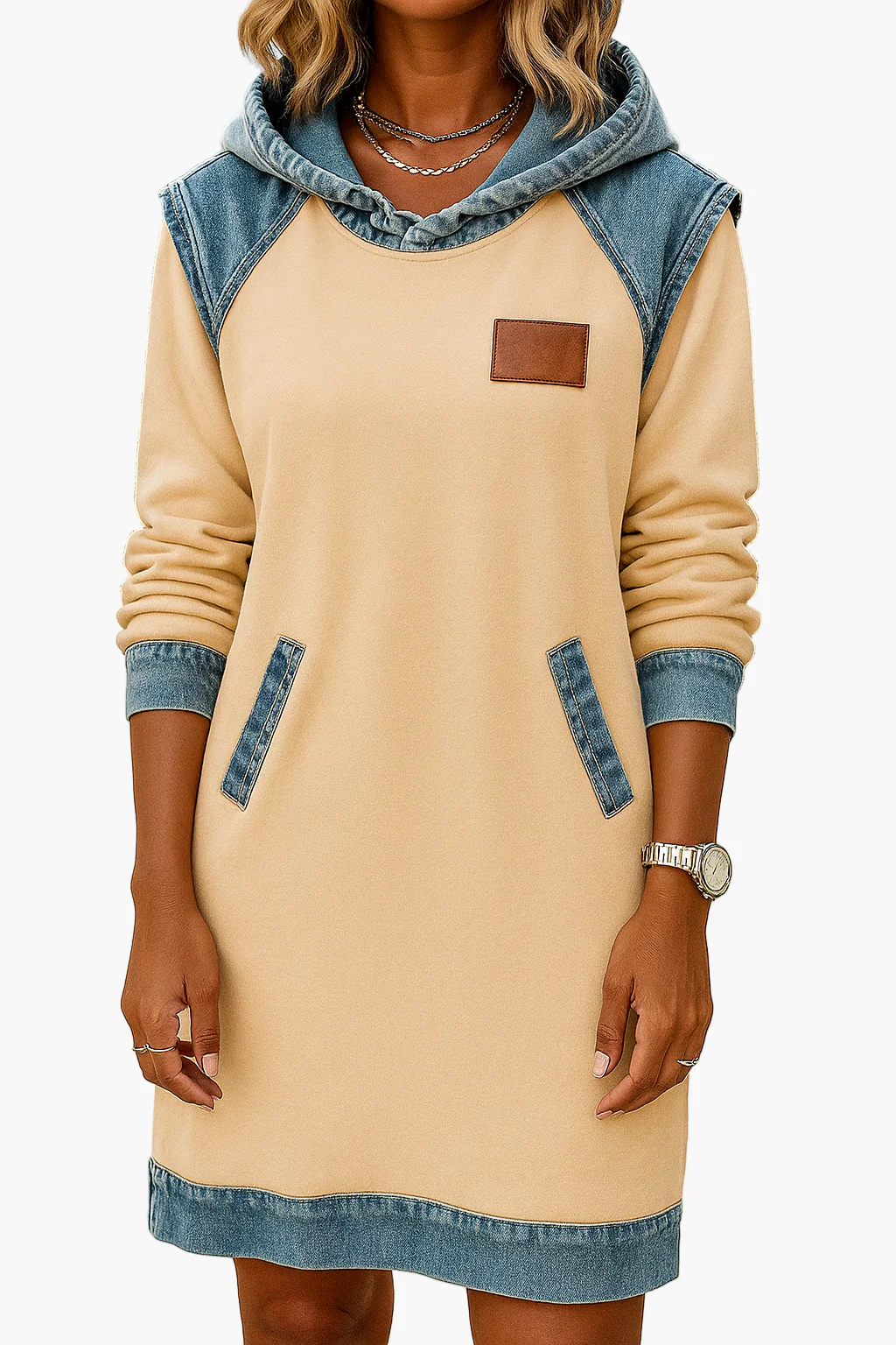 Robe décontractée style sweat à capuche avec détails en denim pour femme - Image 3
