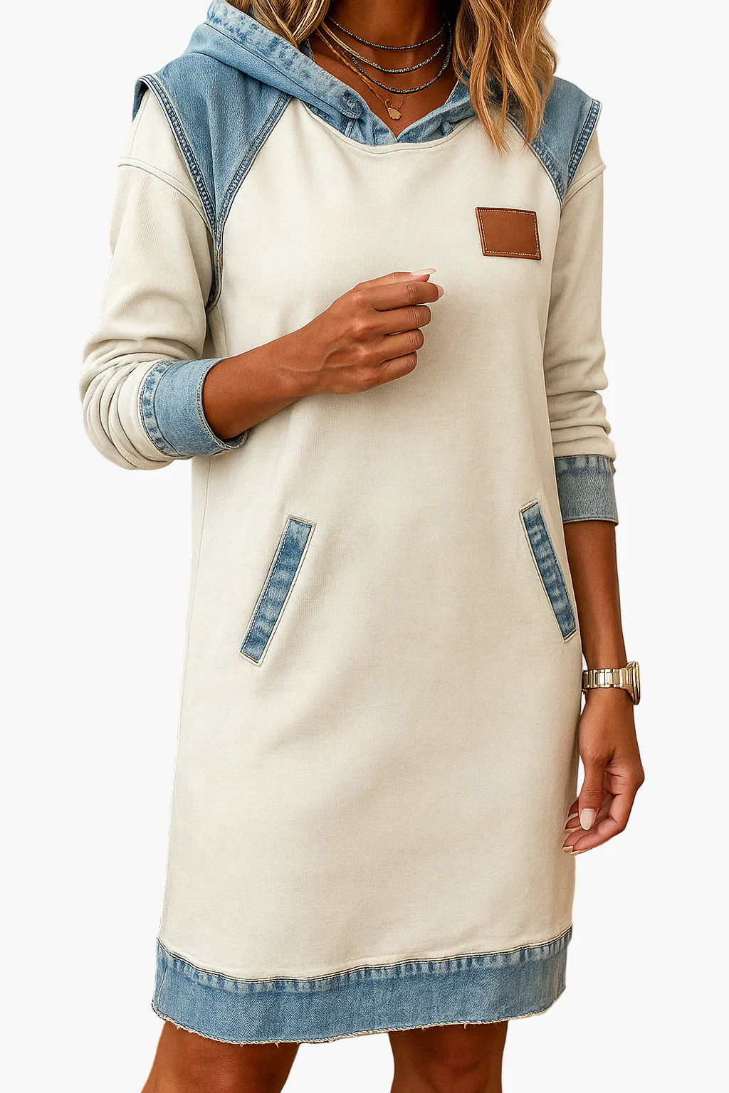Robe décontractée style sweat à capuche avec détails en denim pour femme - Image 4