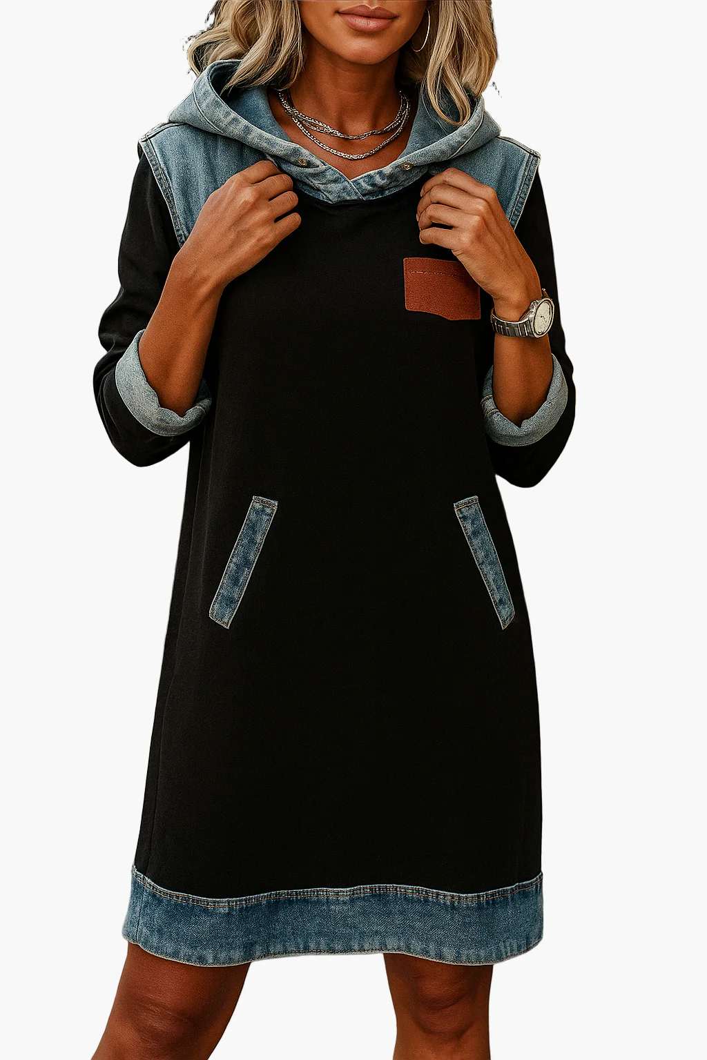 Robe décontractée style sweat à capuche avec détails en denim pour femme - Image 5