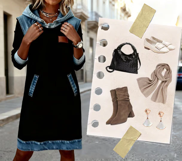 Robe décontractée style sweat à capuche avec détails en denim pour femme - Image 6