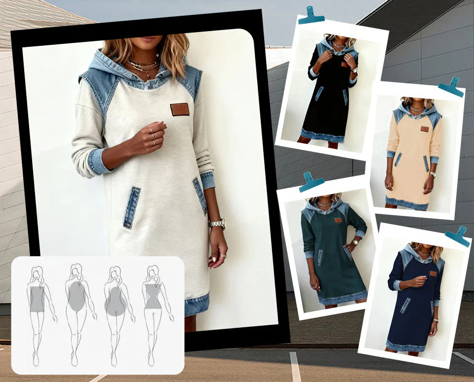 Robe décontractée style sweat à capuche avec détails en denim pour femme - Image 7