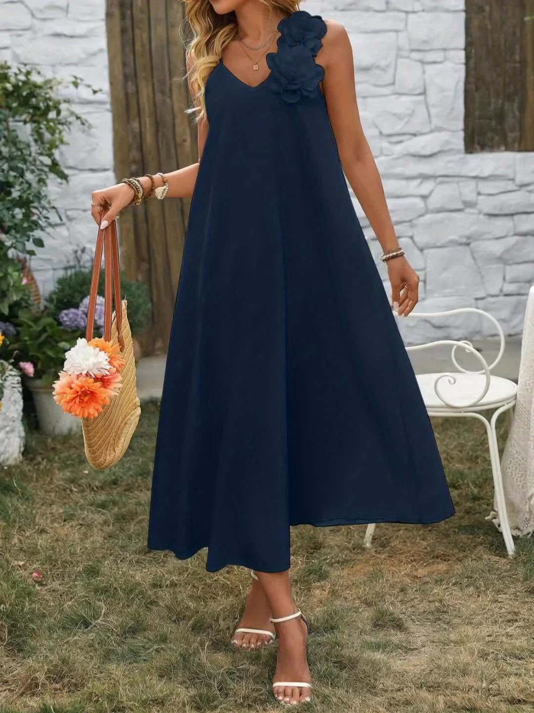Robe élégante femme style bohème à fleurs 3D épaules, décontractée pour printemps et été - Image 8