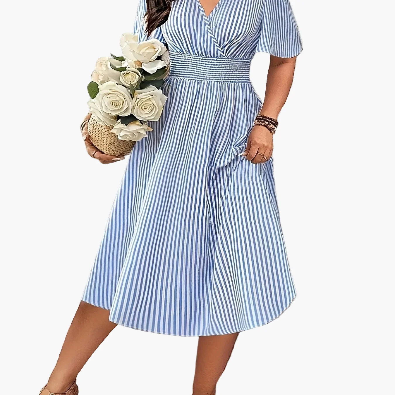 Robe élégante à rayures pour femme, style croisé et taille smockée, idéale pour les occasions spéciales - Image 12