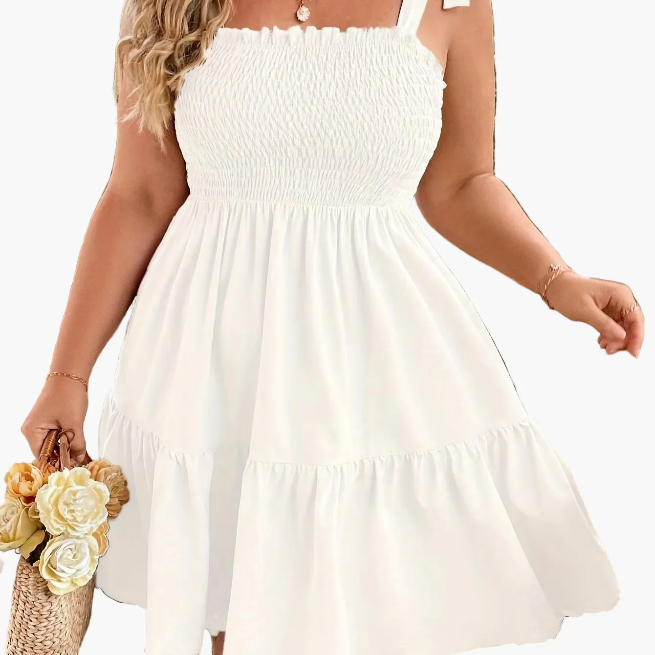 Robe d'été décontractée pour femme à bretelles nouées et haut smocké style vacances - Image 14
