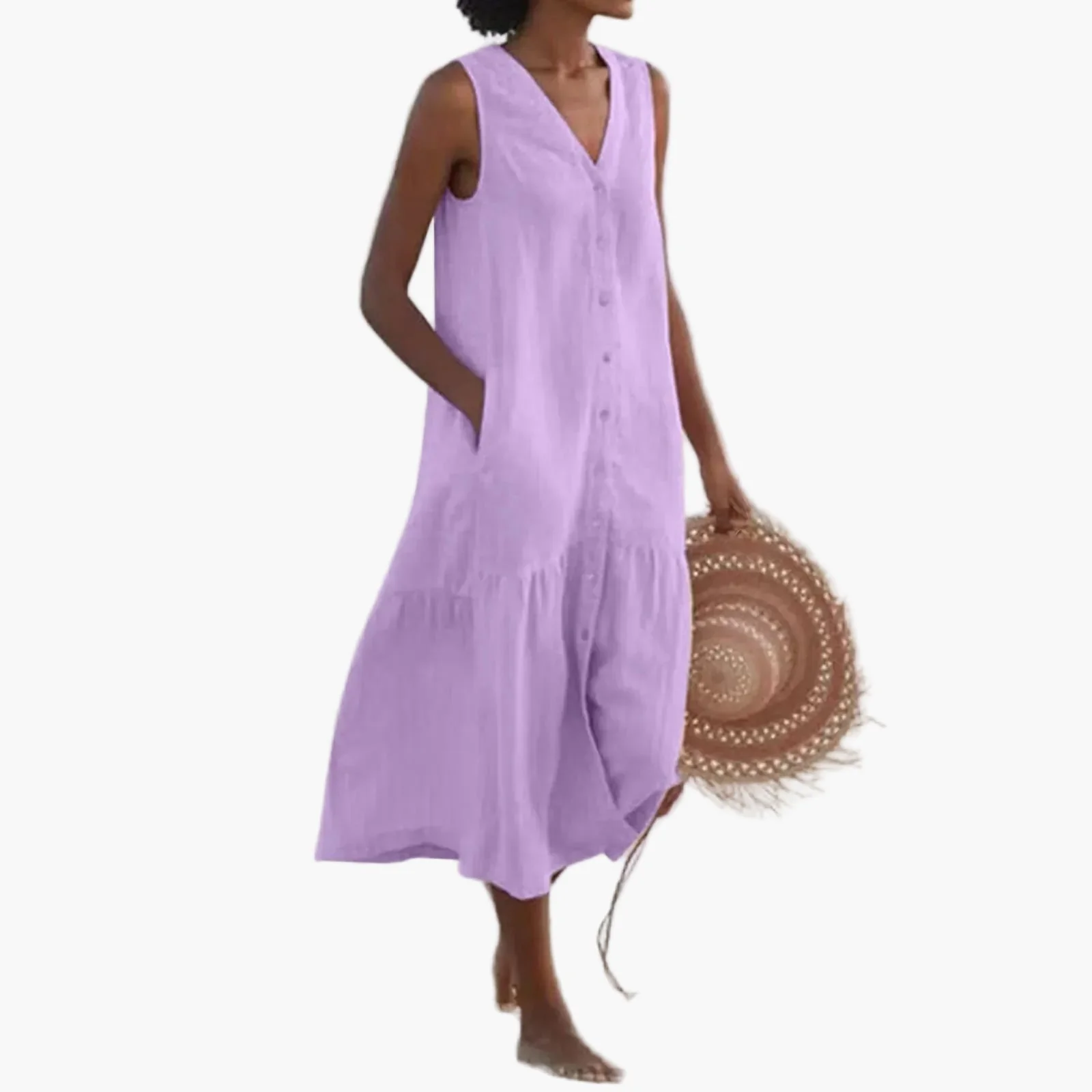 Robe d'Été Décontractée Femme Sans Manches Boutonnée, Style Plage et Vacances - Image 2