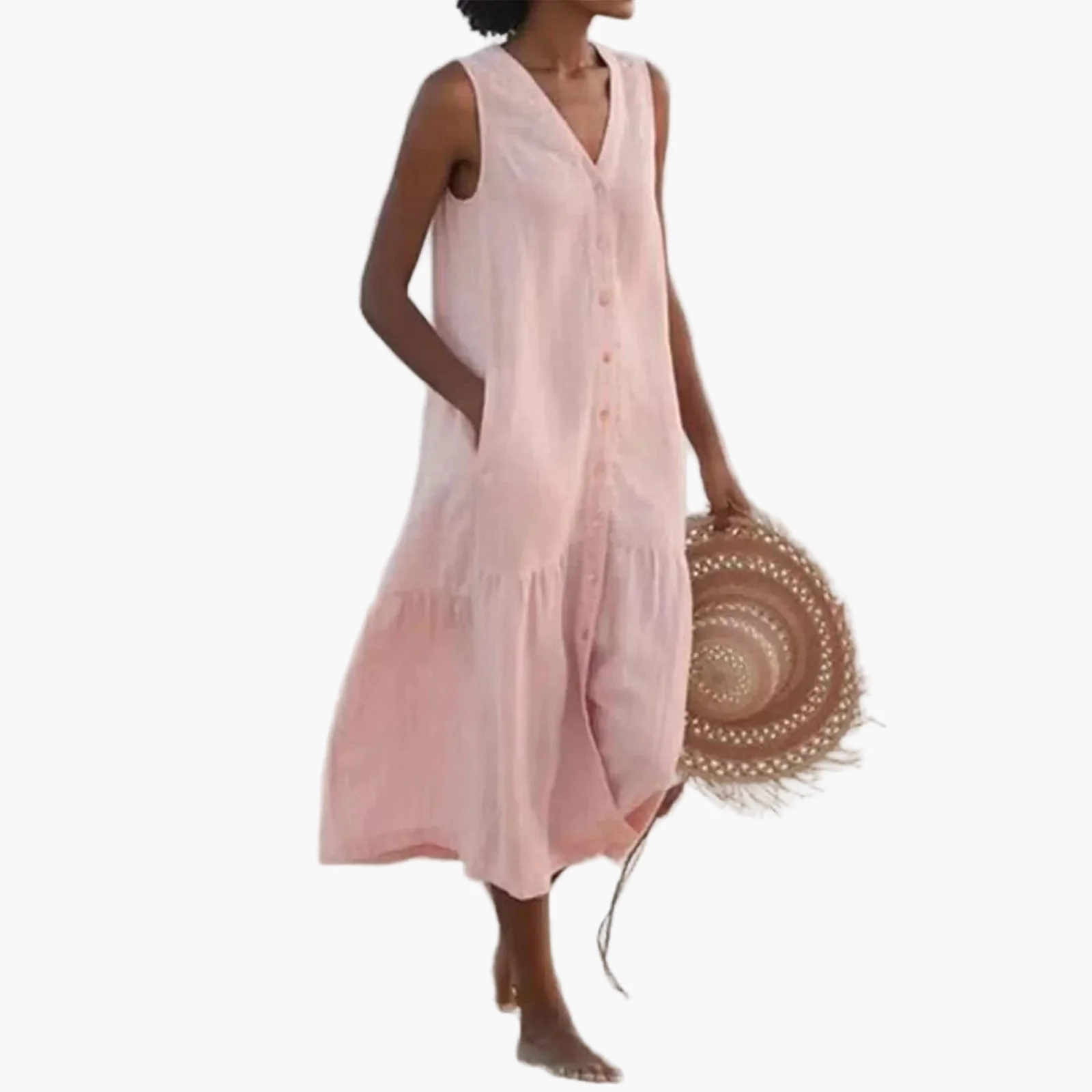 Robe d'Été Décontractée Femme Sans Manches Boutonnée, Style Plage et Vacances - Image 3