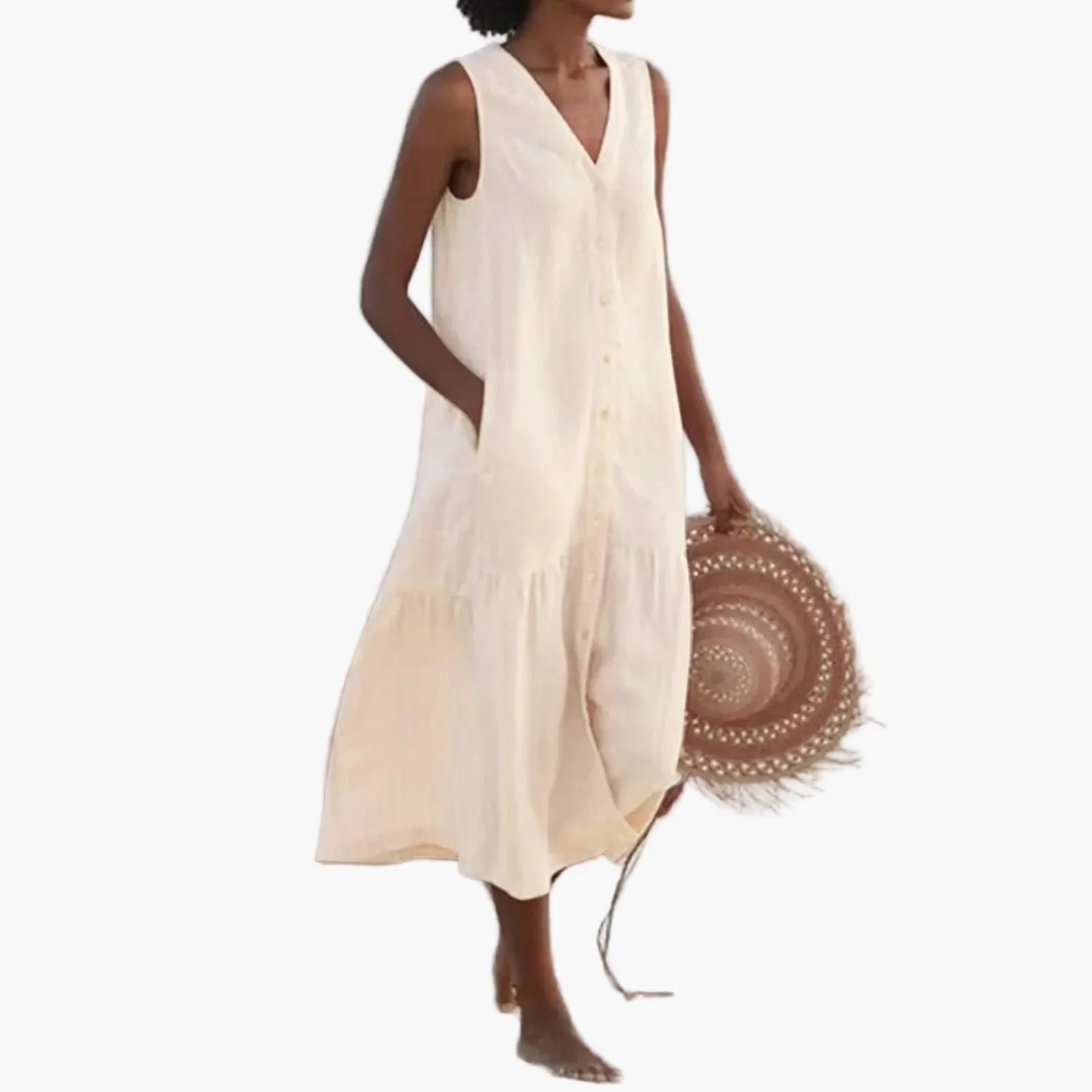 Robe d'Été Décontractée Femme Sans Manches Boutonnée, Style Plage et Vacances - Image 6