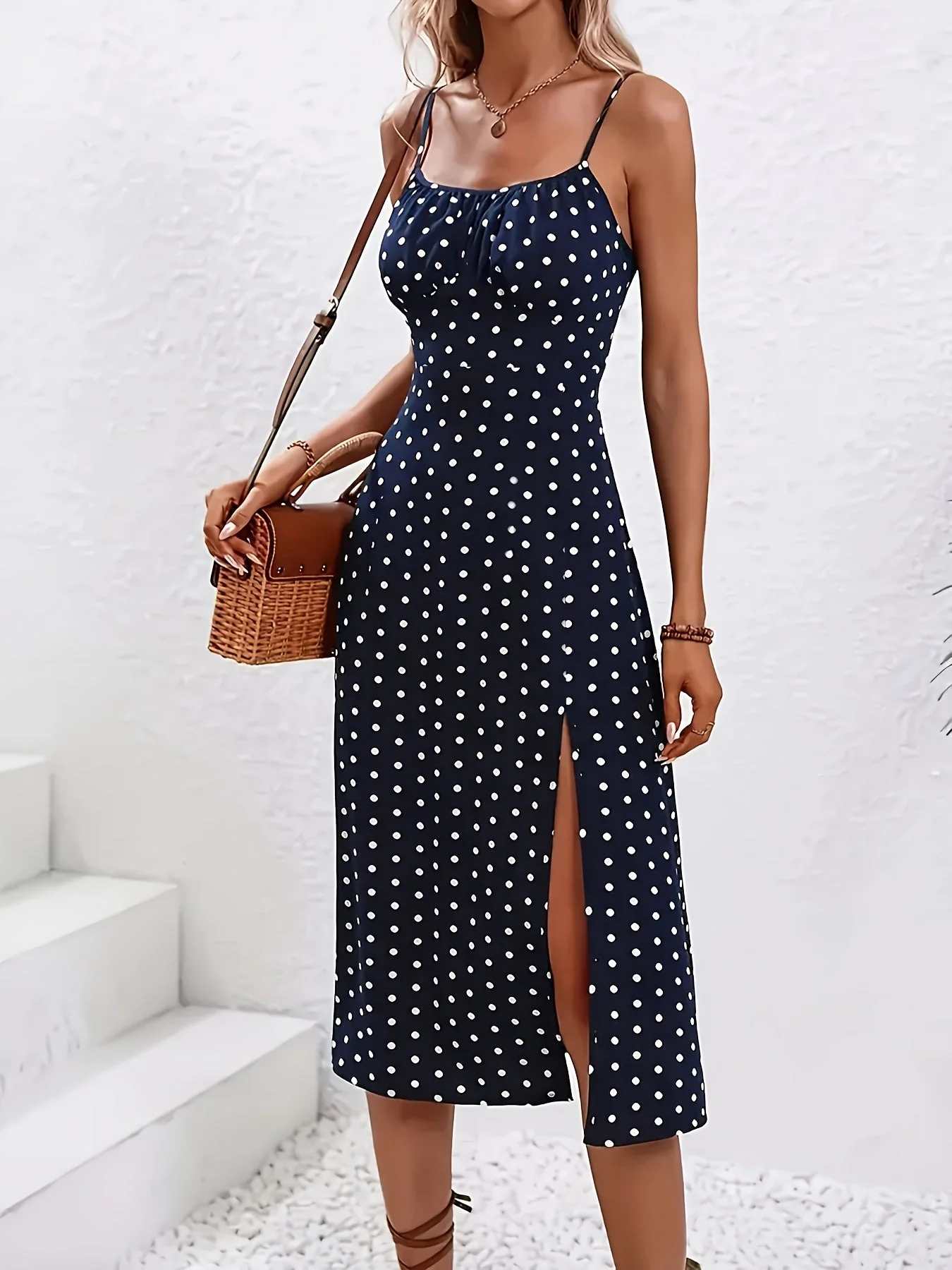 Robe d'Été Élégante à Pois Femme Style Décontracté Fendu - Image 5