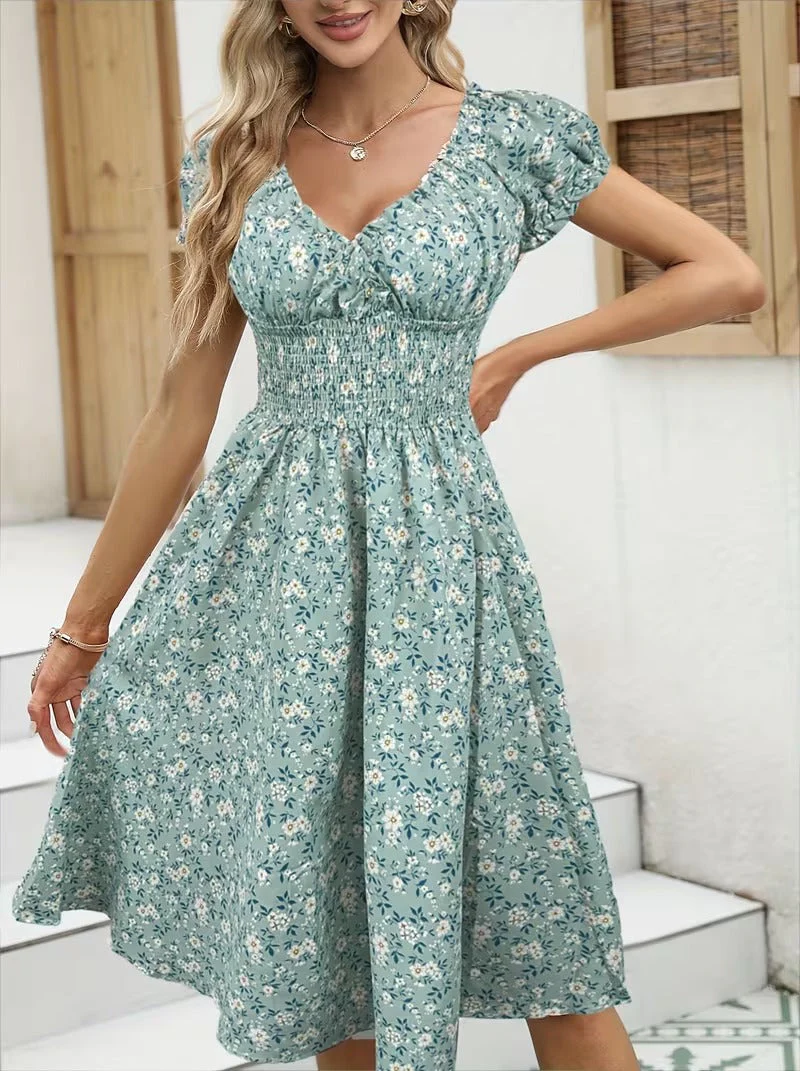 Robe d'été élégante femme style bohème à manches courtes motif fleuri, usage quotidien et sorties - Image 2