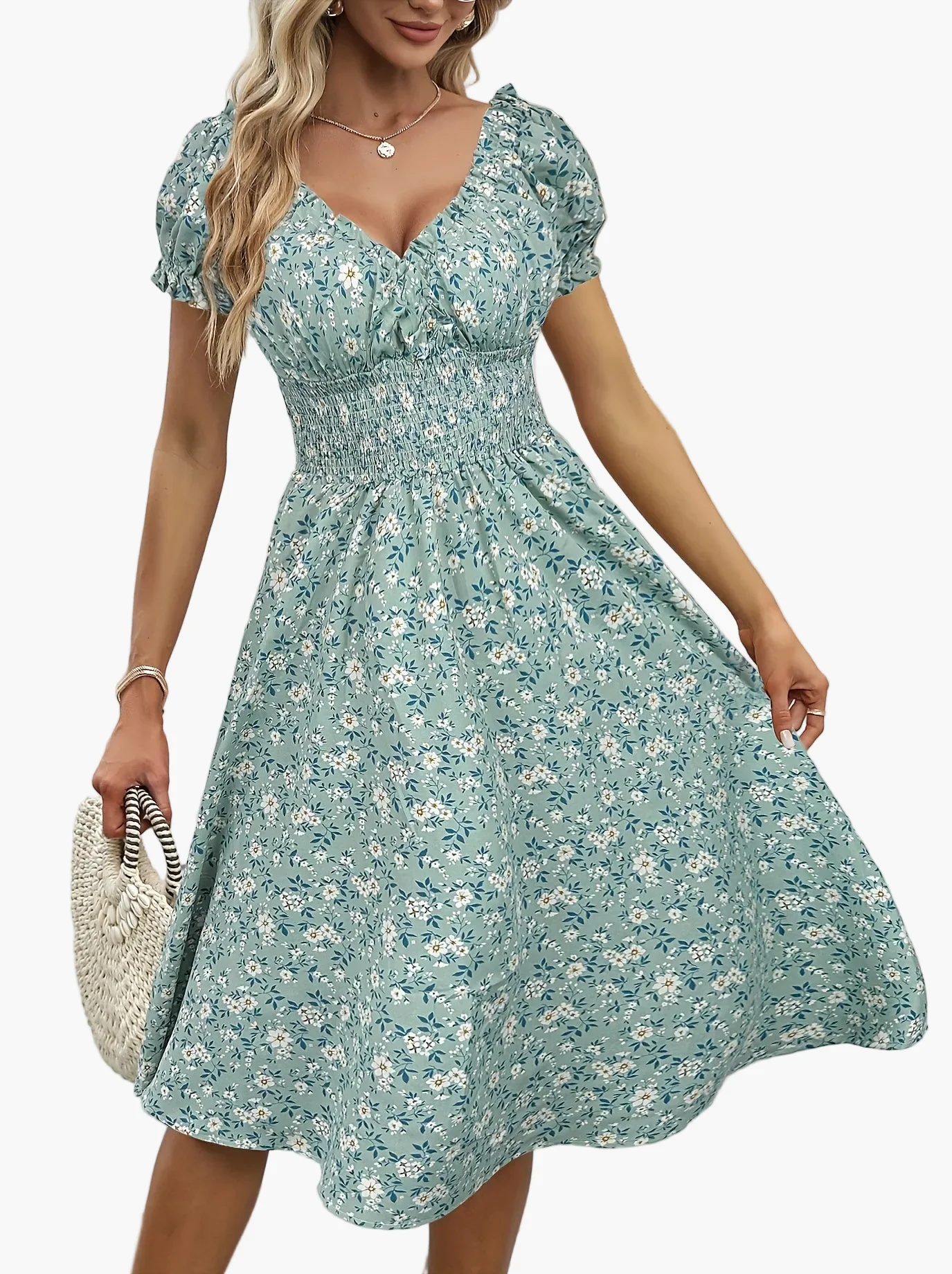 Robe d'été élégante femme style bohème à manches courtes motif fleuri, usage quotidien et sorties - Image 7