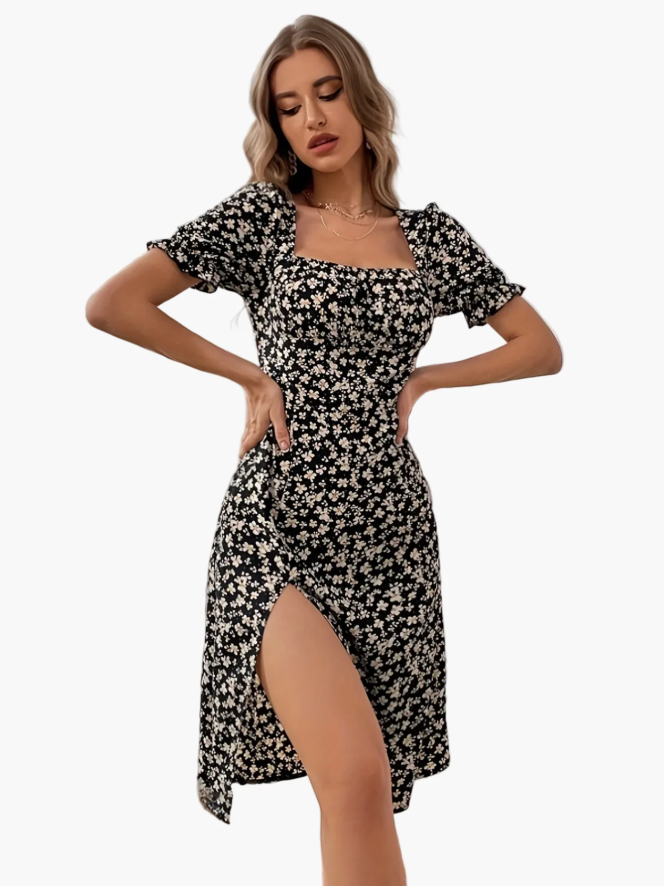 Robe d'été femme élégante à fleurs, manches courtes, col carré, fente chic, style décontracté - Image 5