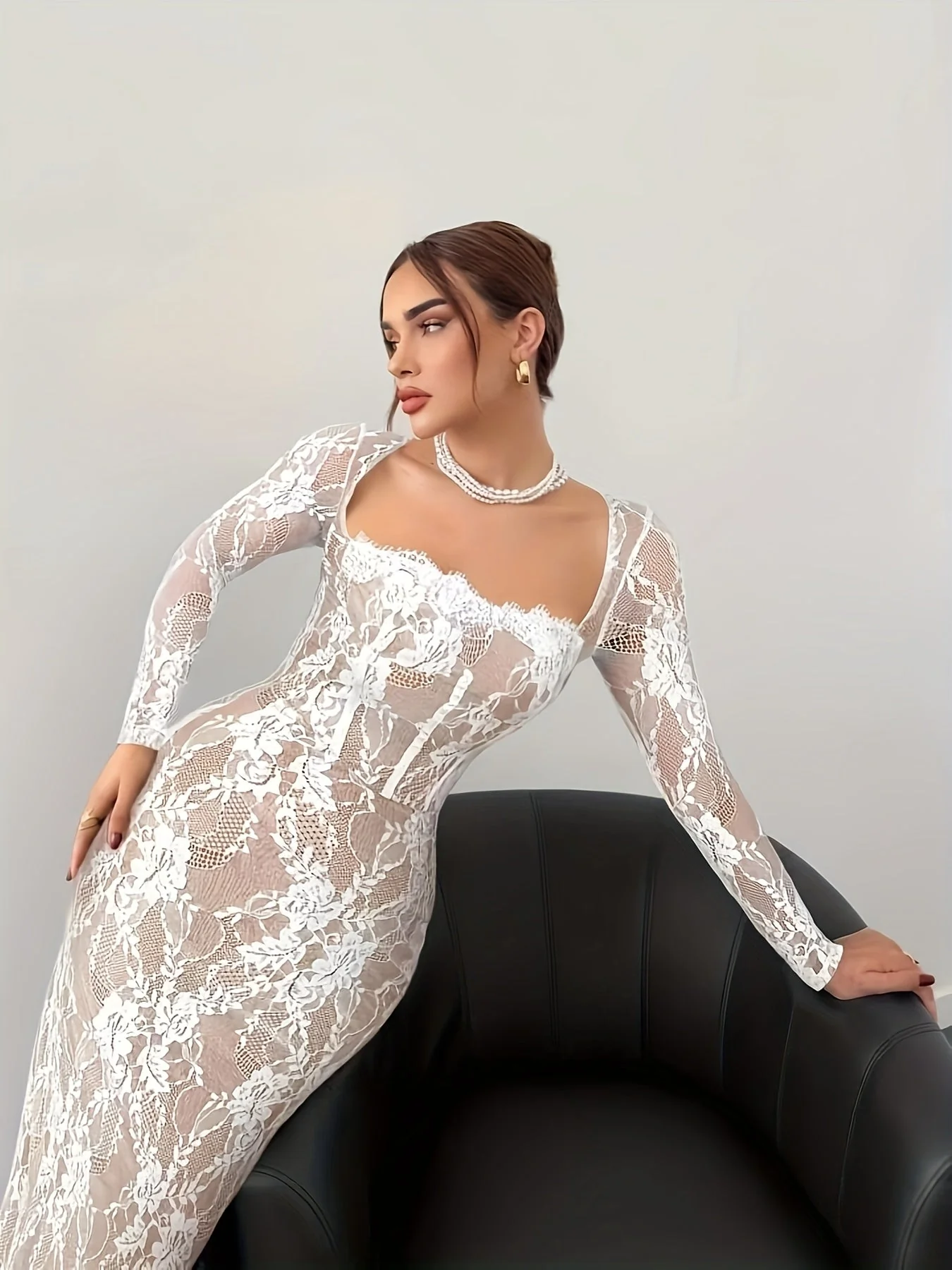 Robe Femme Élégante Bodycon Style Soirée à Manches Longues Décolleté Carré - Image 2