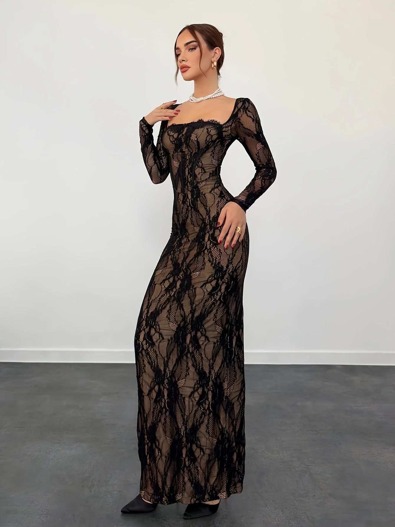 Robe Femme Élégante Bodycon Style Soirée à Manches Longues Décolleté Carré - Image 6