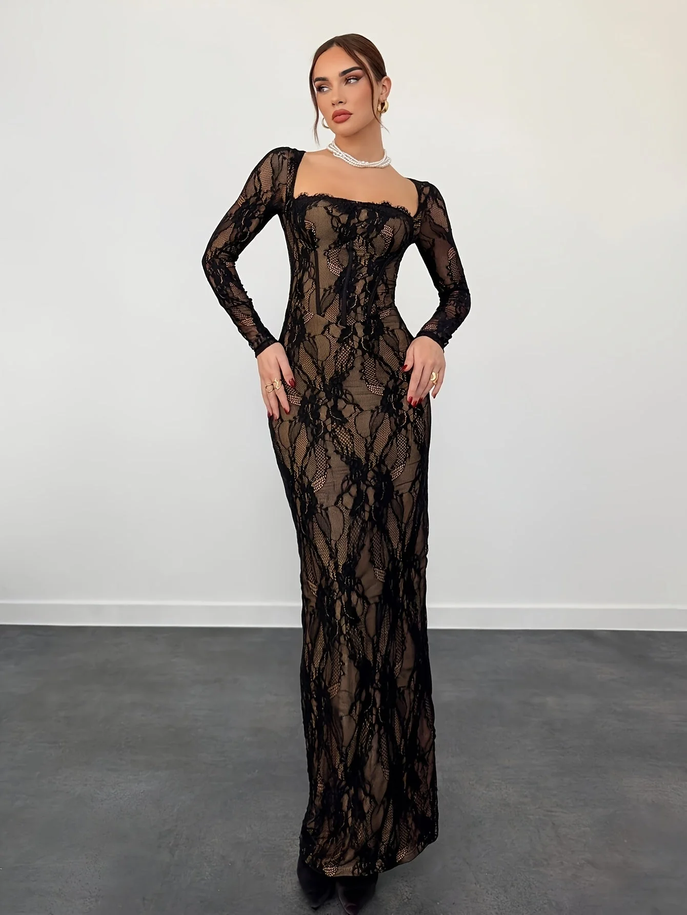 Robe Femme Élégante Bodycon Style Soirée à Manches Longues Décolleté Carré - Image 8