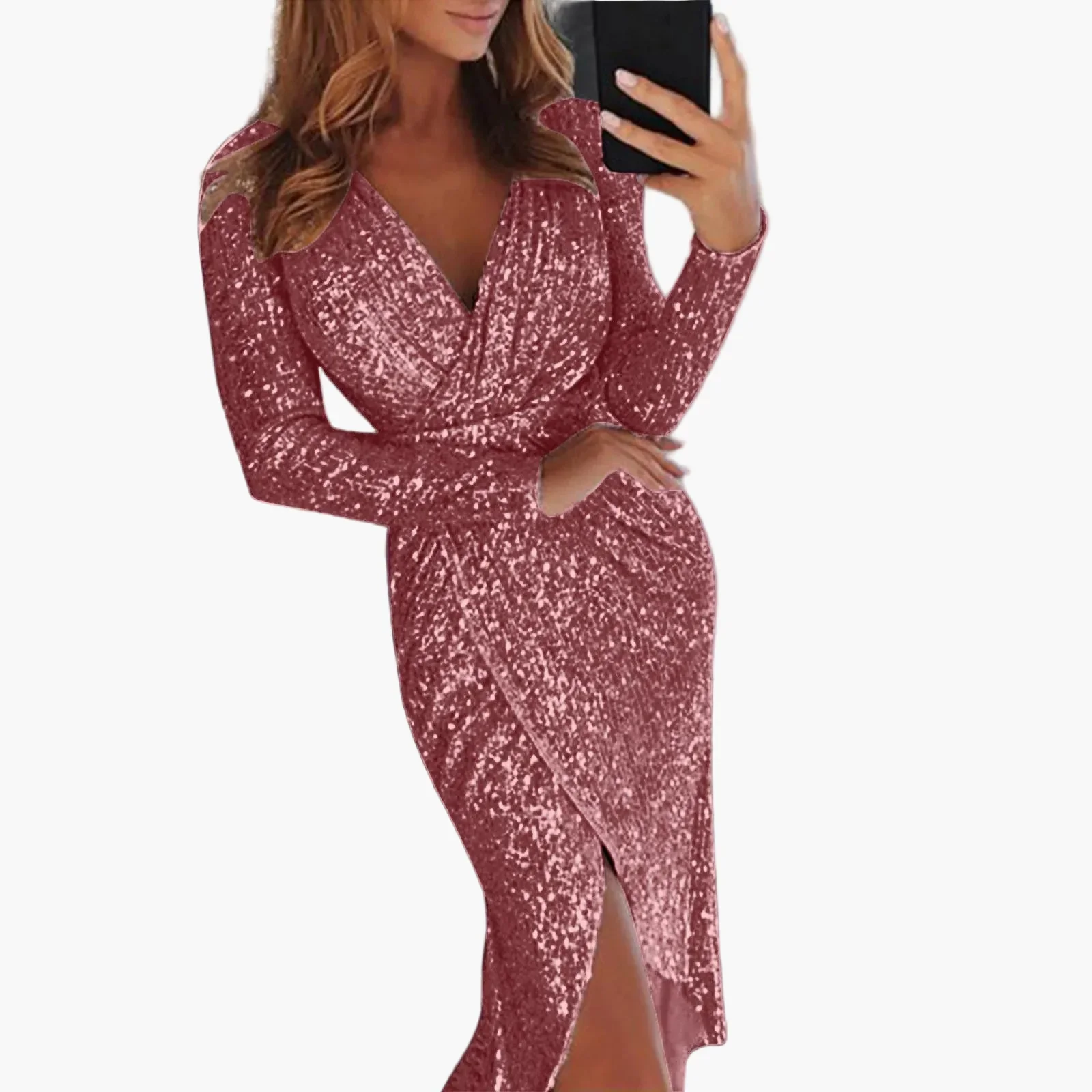 Robe Femme Élégante Décolleté Plongeant Manches Longues Style Nuit Club et Soirée - Image 3