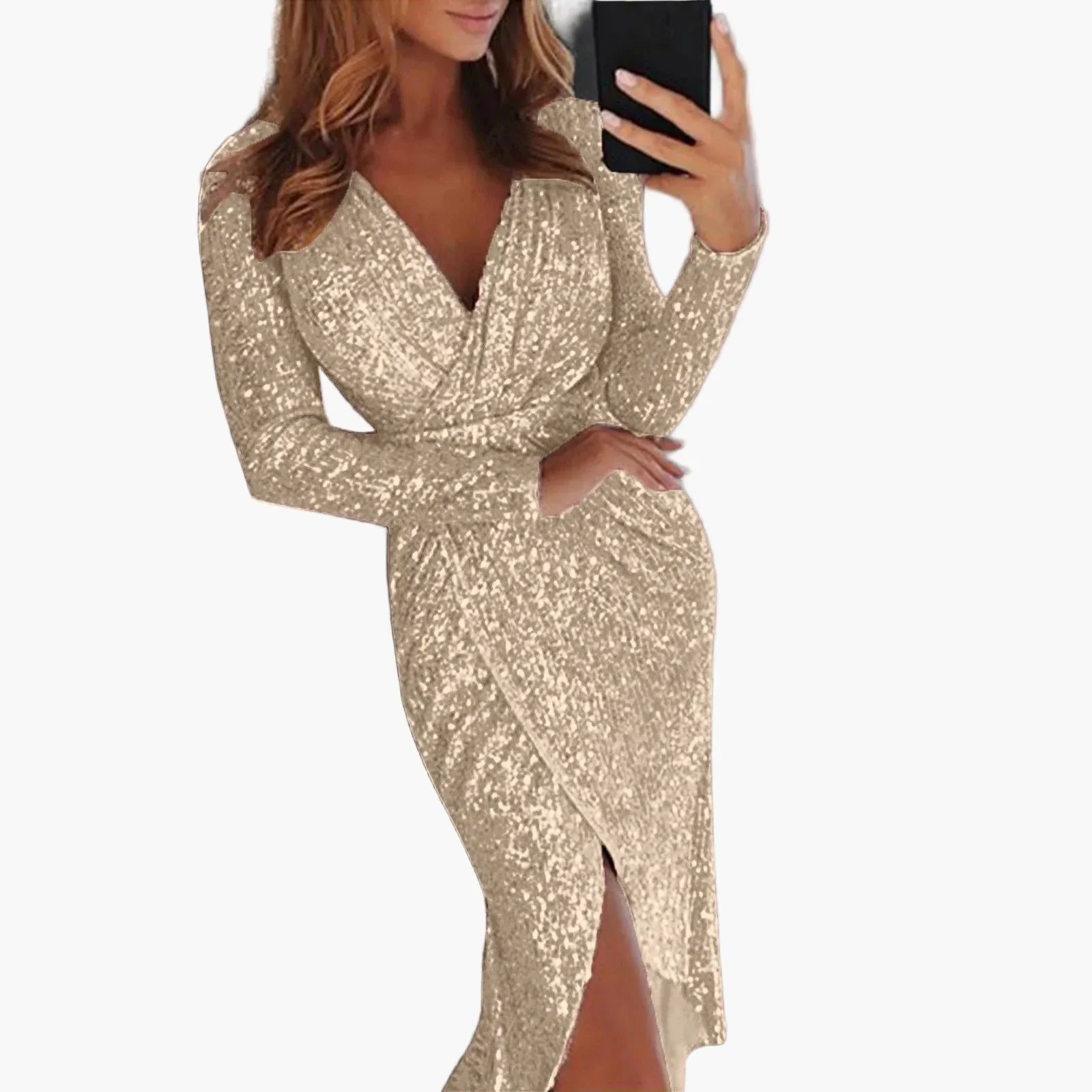 Robe Femme Élégante Décolleté Plongeant Manches Longues Style Nuit Club et Soirée - Image 4