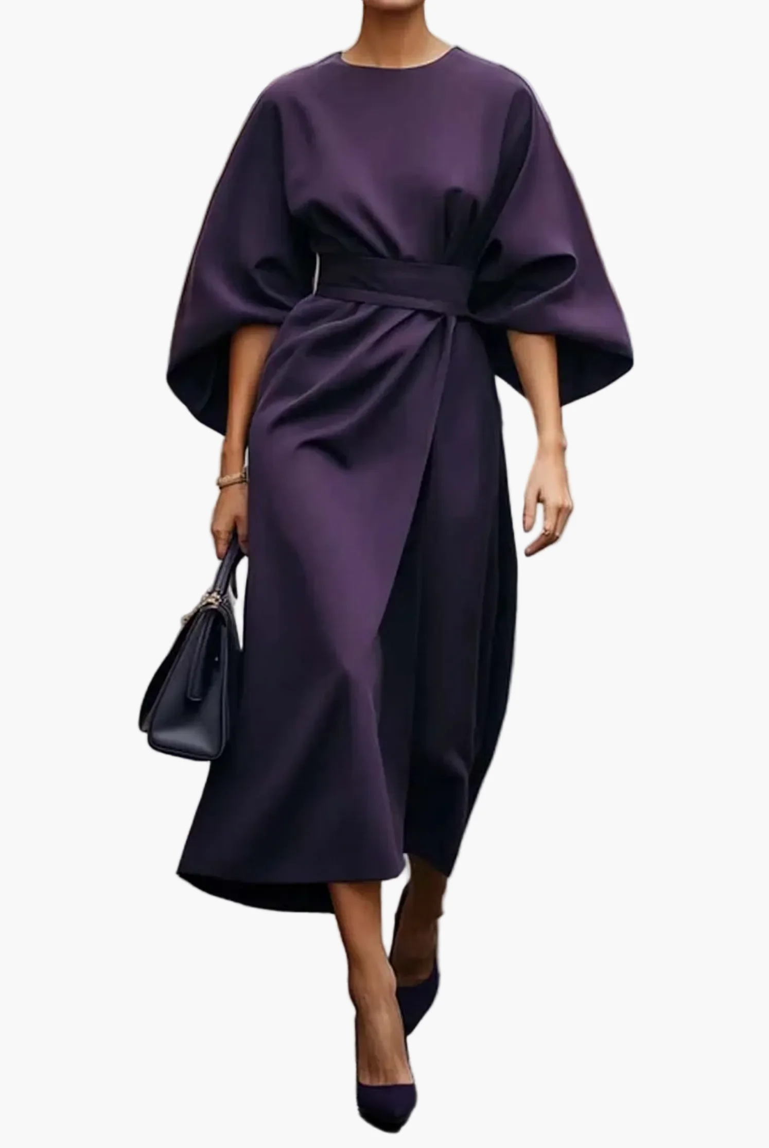 Robe Femme Élégante Midi à Manches Chauve-Souris – Style Sophistiqué pour Cérémonies et Bureau - Image 2