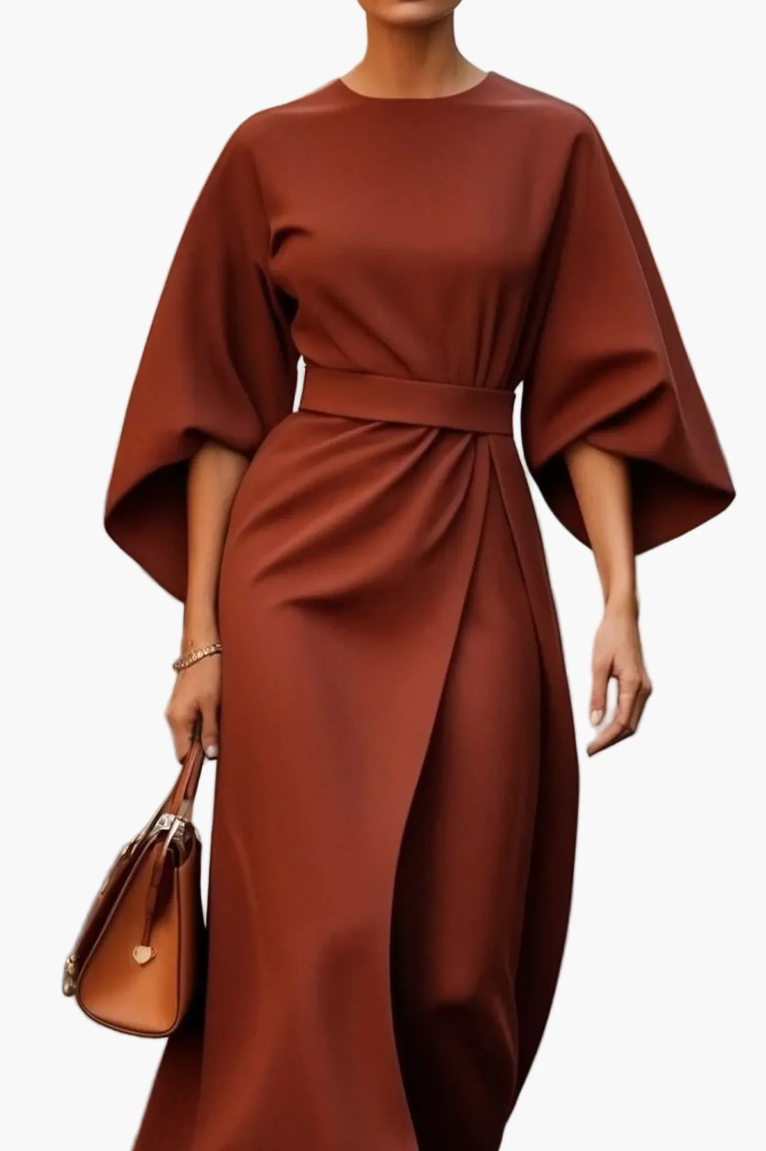 Robe Femme Élégante Midi à Manches Chauve-Souris – Style Sophistiqué pour Cérémonies et Bureau - Image 3